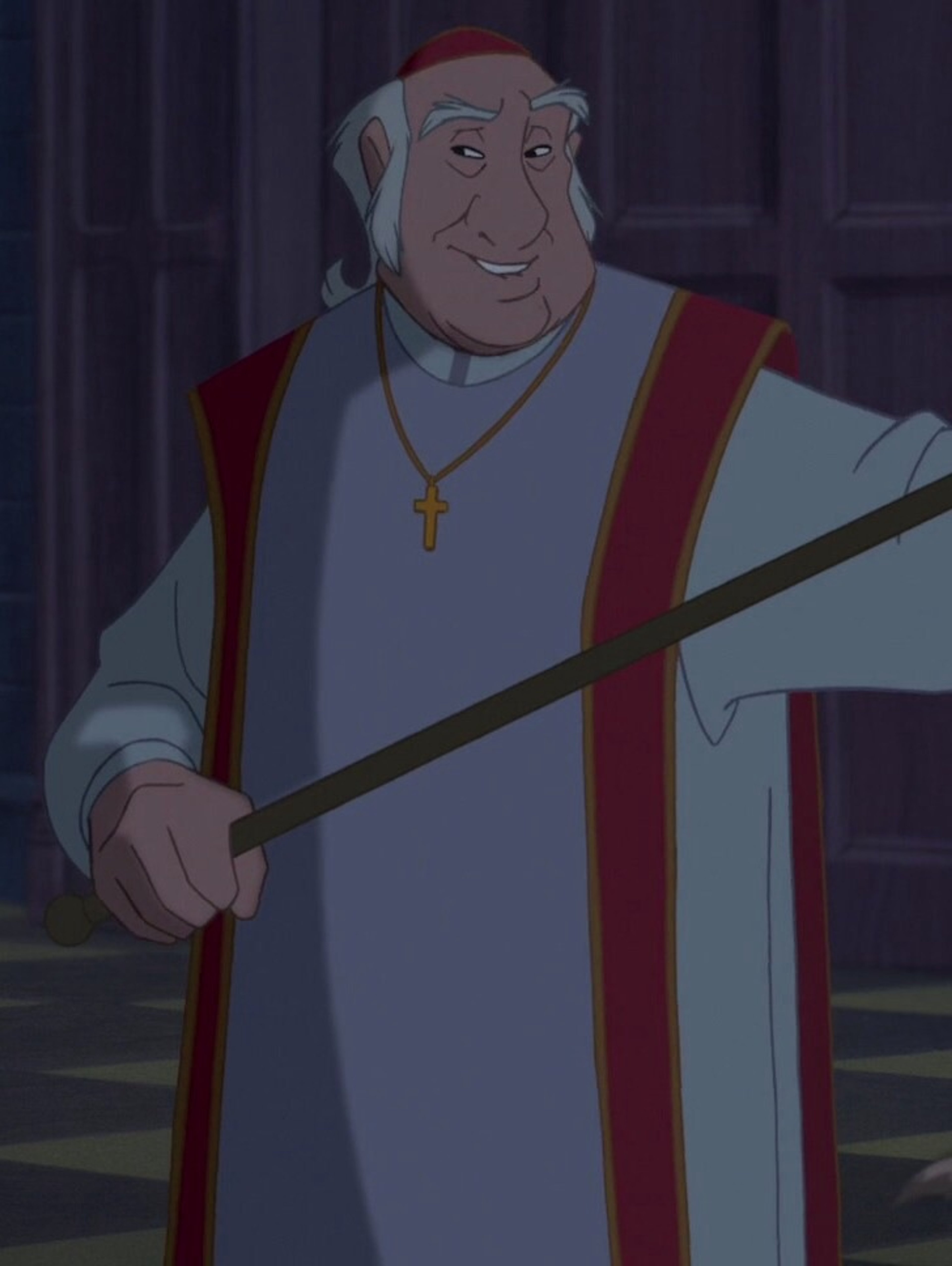 An elderly man in a red robe, the Archdeacon from The Hunchback of Notre Dame