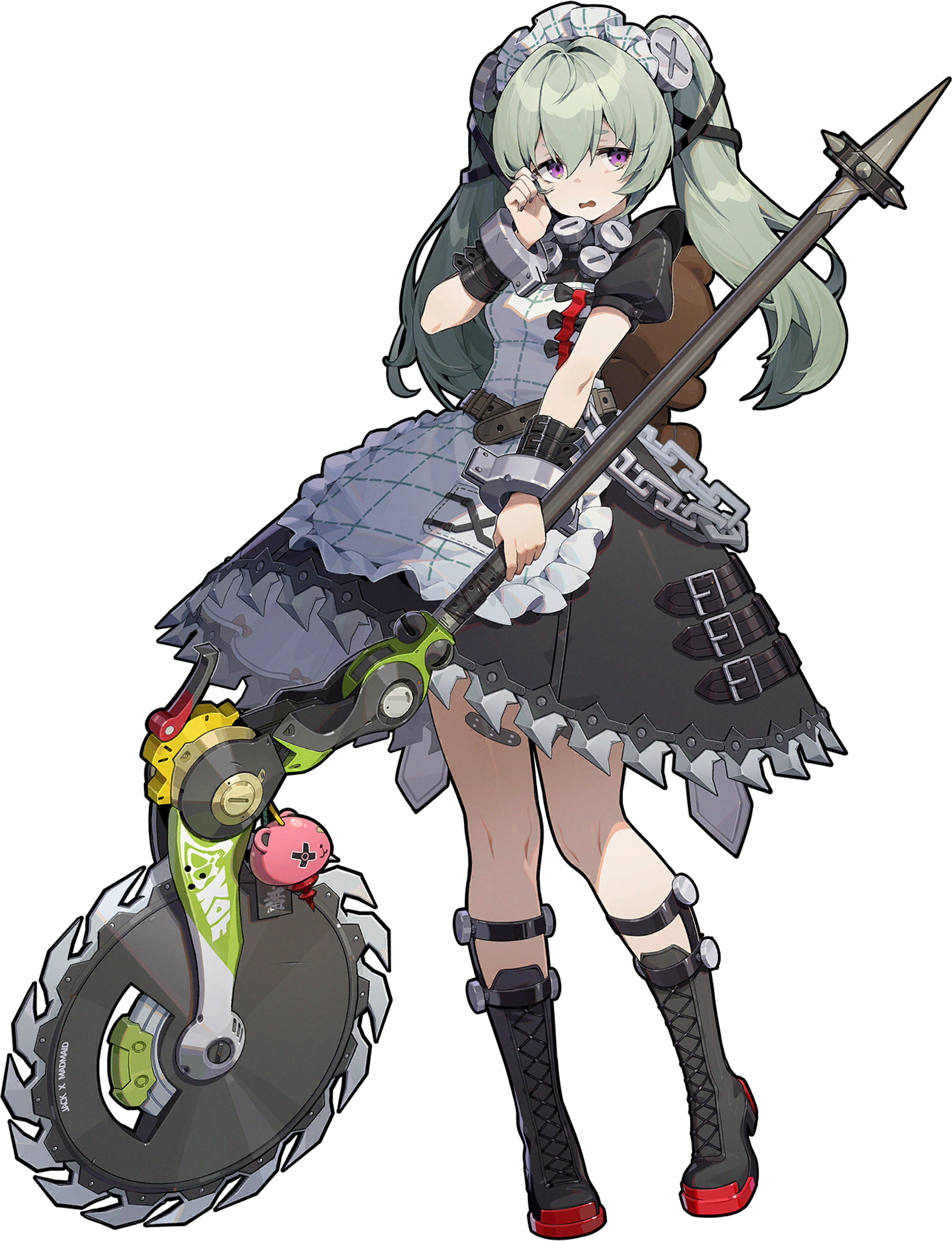 A petite, green-haired maid character wielding a large chainsaw in a battle-ready pose.