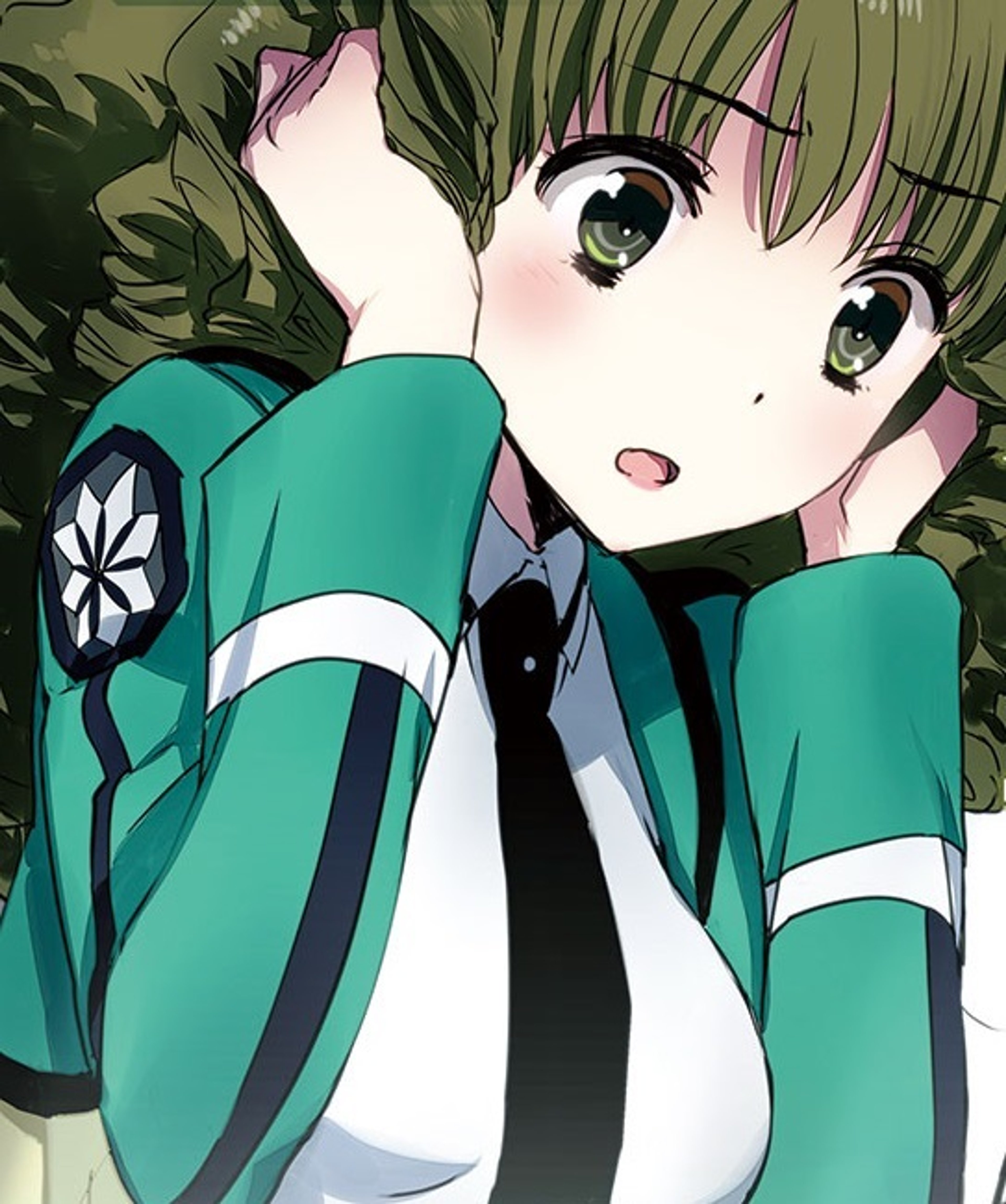 An anime-style character with green hair wearing a green and black school uniform