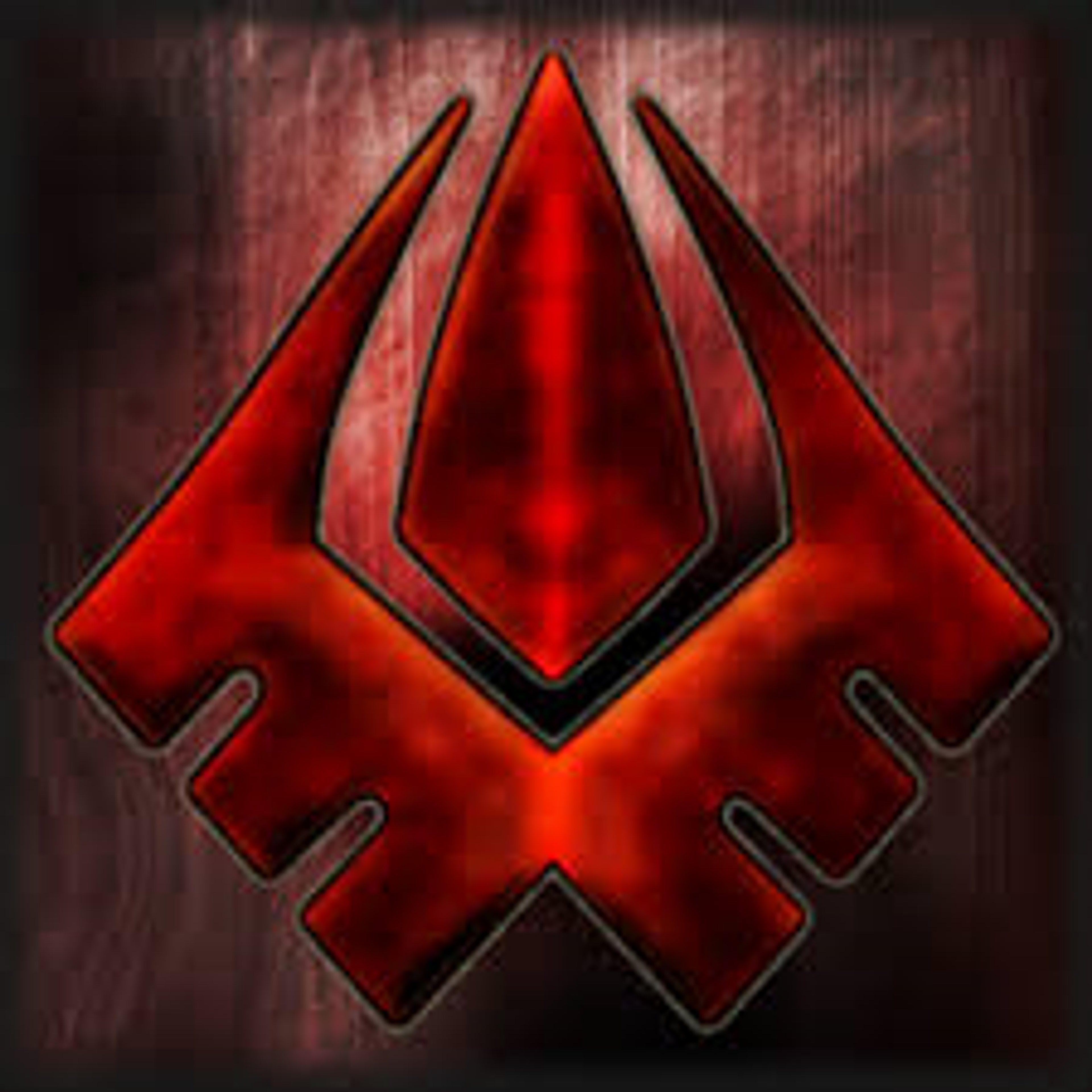 A stylized red and black emblem or symbol with an angular, aggressive design.