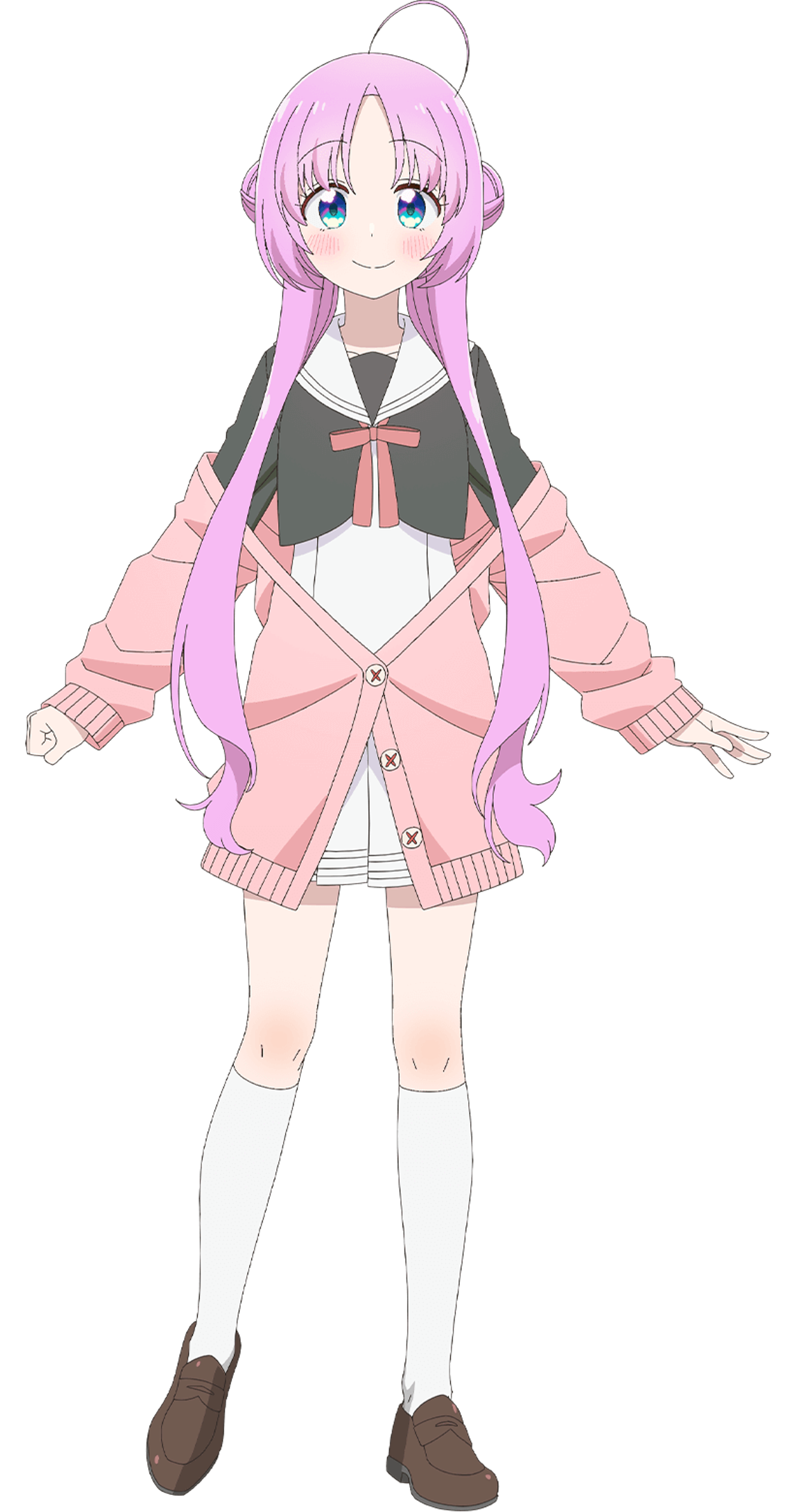 An anime-style character with pink hair in buns and a cheerful expression