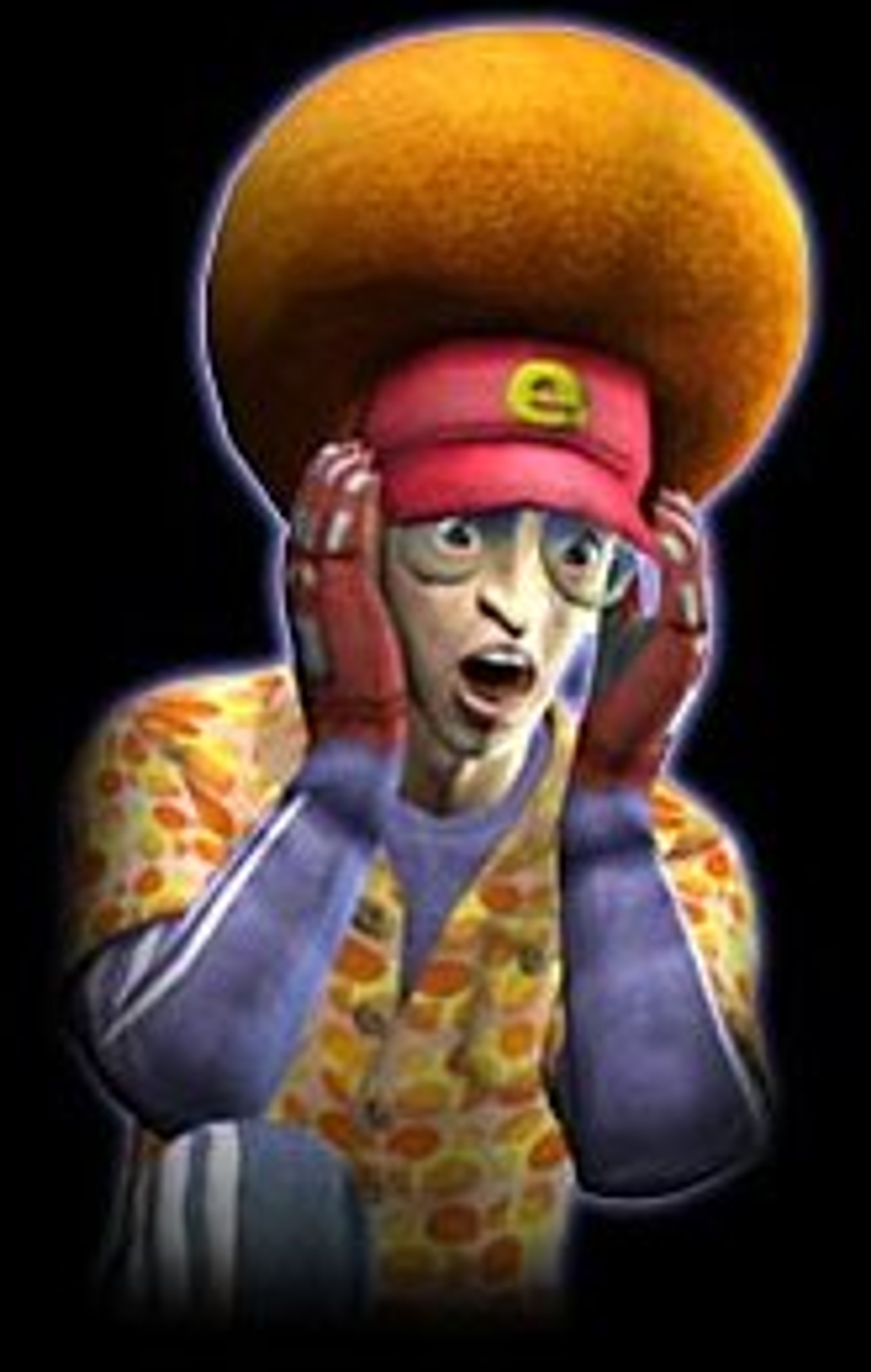 A cartoon character with an exaggerated, colorful appearance and an expression of surprise or shock.