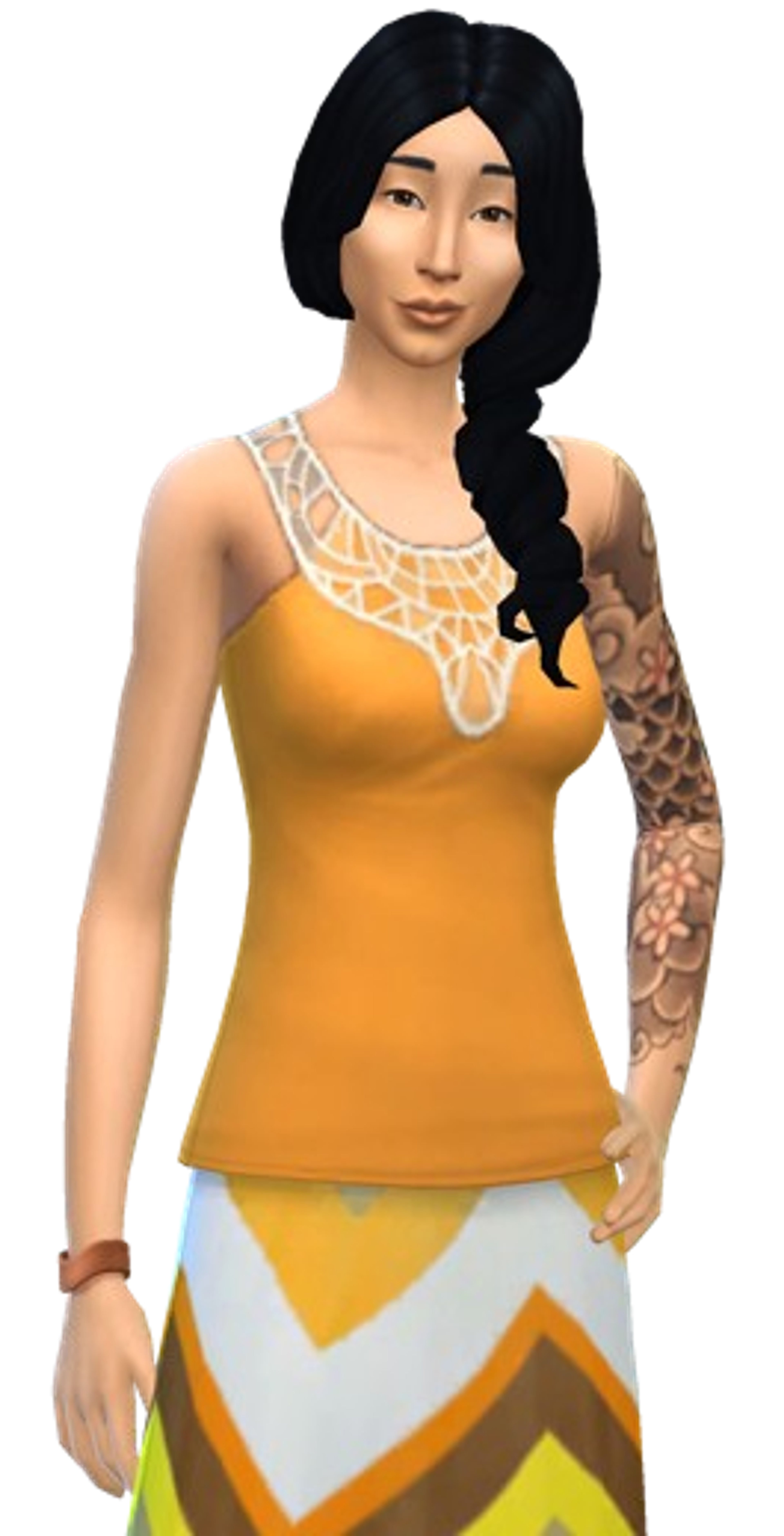 A young Asian woman with long dark hair wearing a yellow tank top with a white lace pattern and tattoos on her right arm.