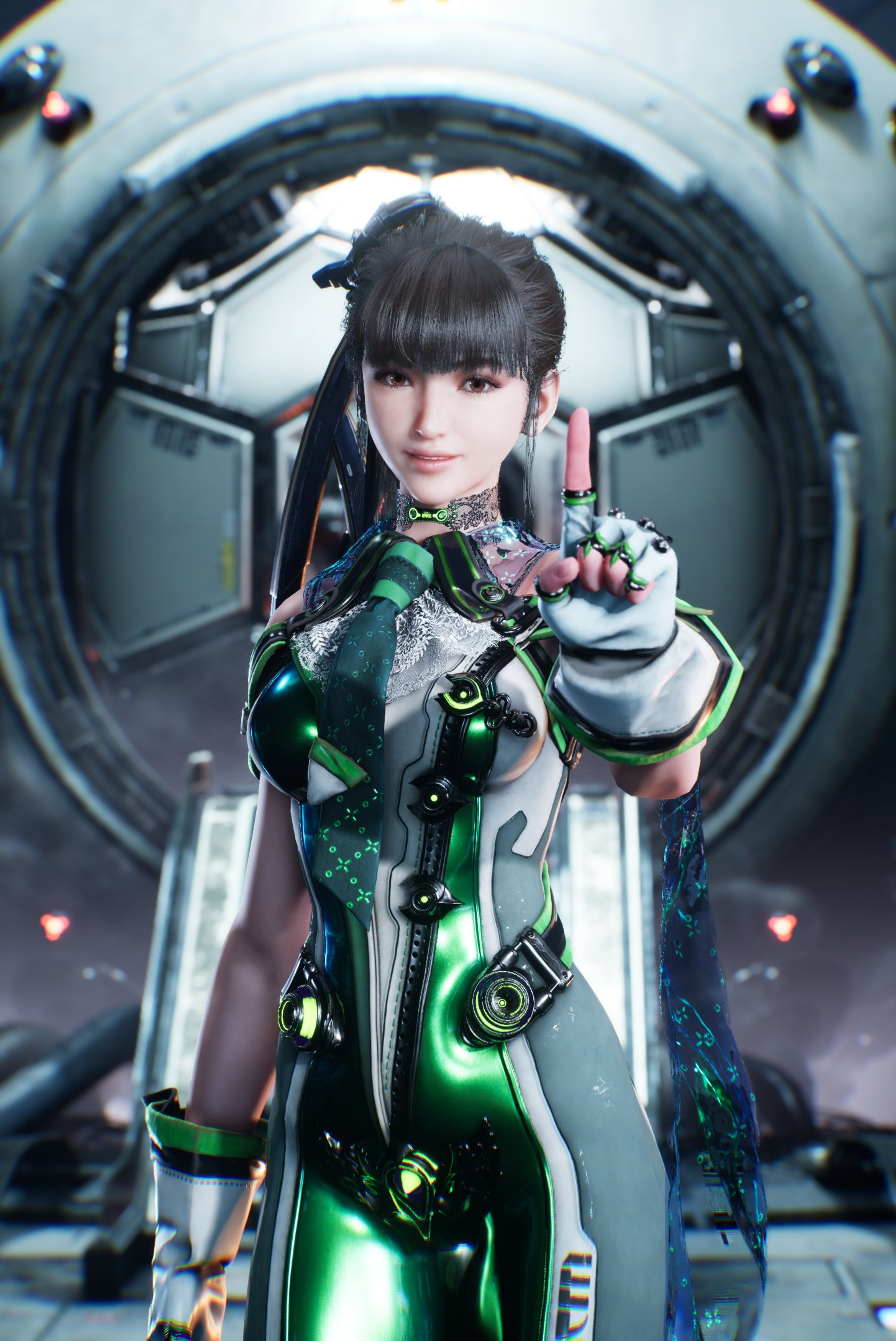 A young woman in a futuristic green and black bodysuit holding a glowing green device in a dark, industrial setting.