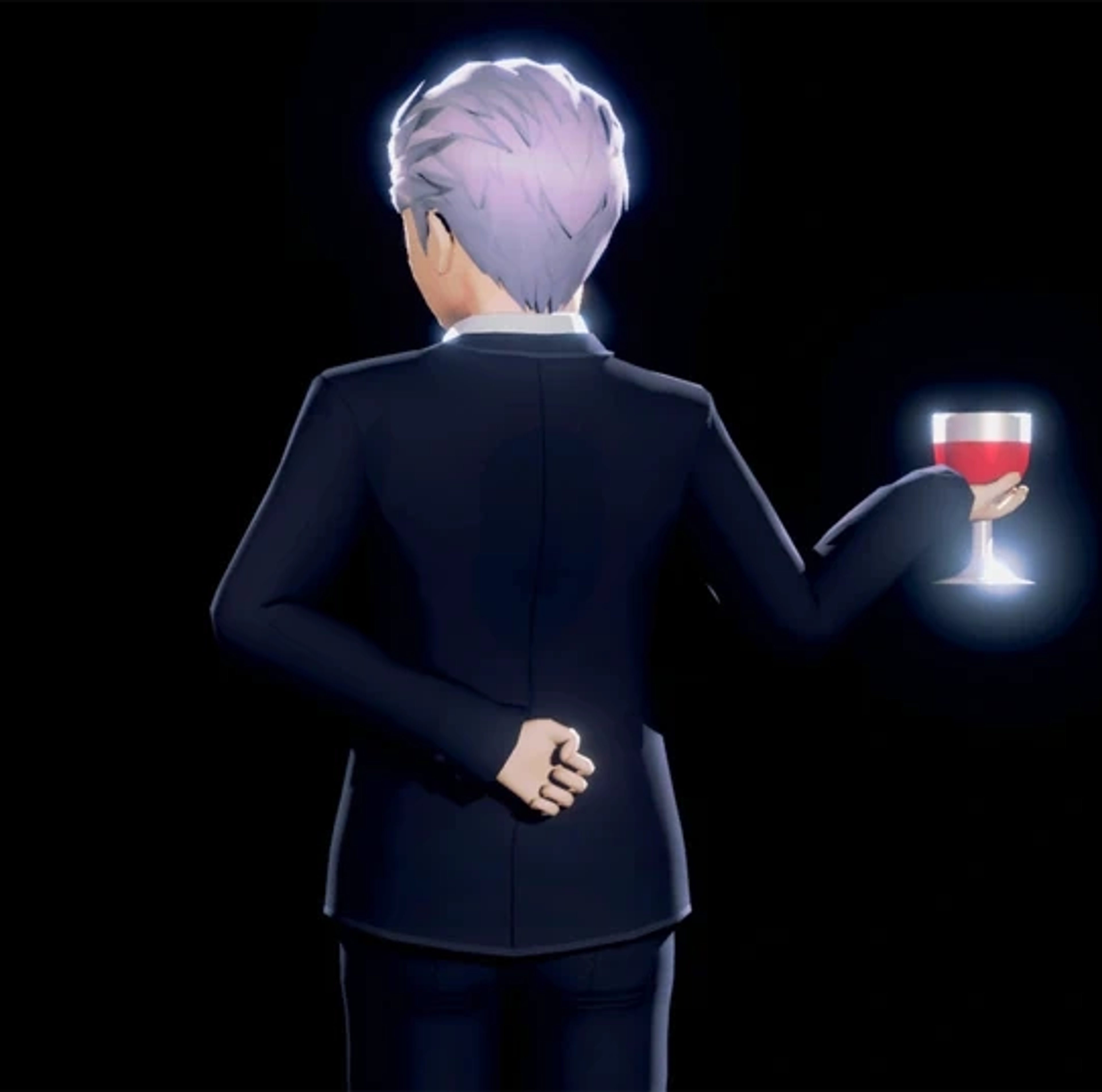 A man in a black suit with silver hair and a stern expression