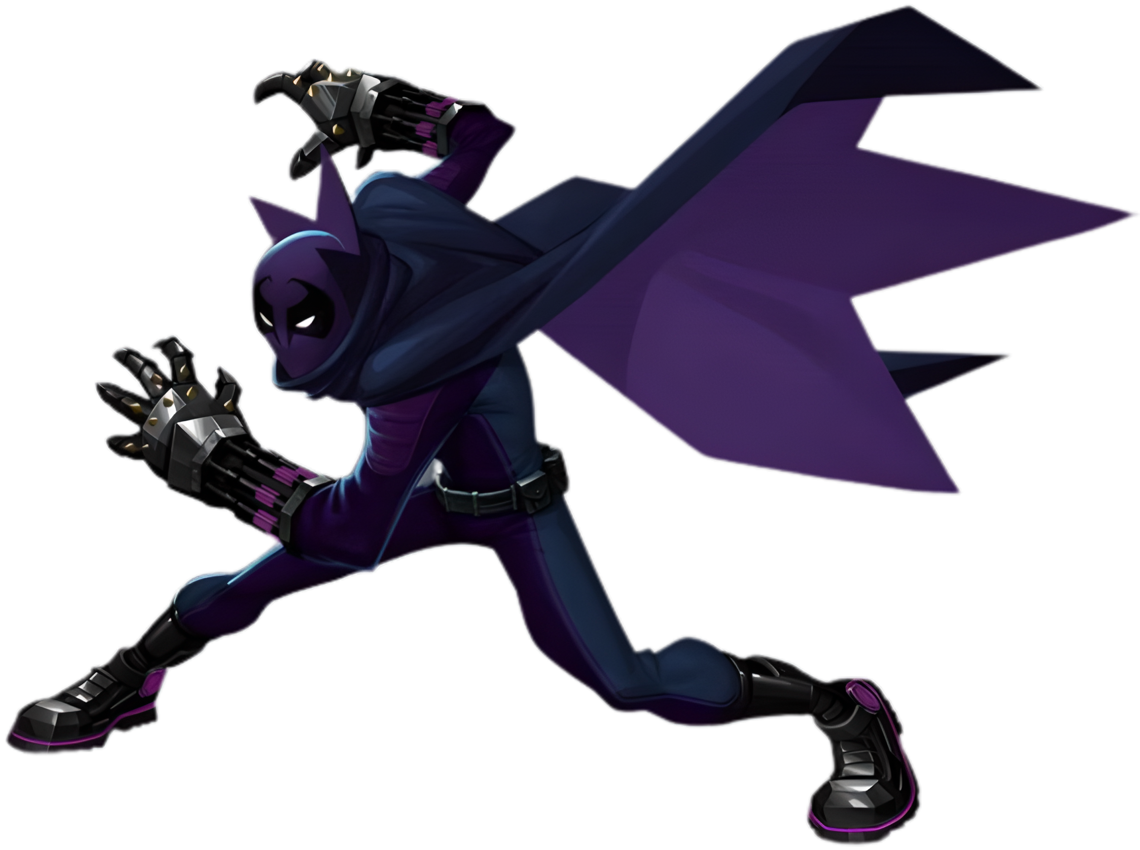 A detailed, stylized character design of a humanoid figure in a purple and black costume with large clawed hands, pointed ears, and a mask covering the face.