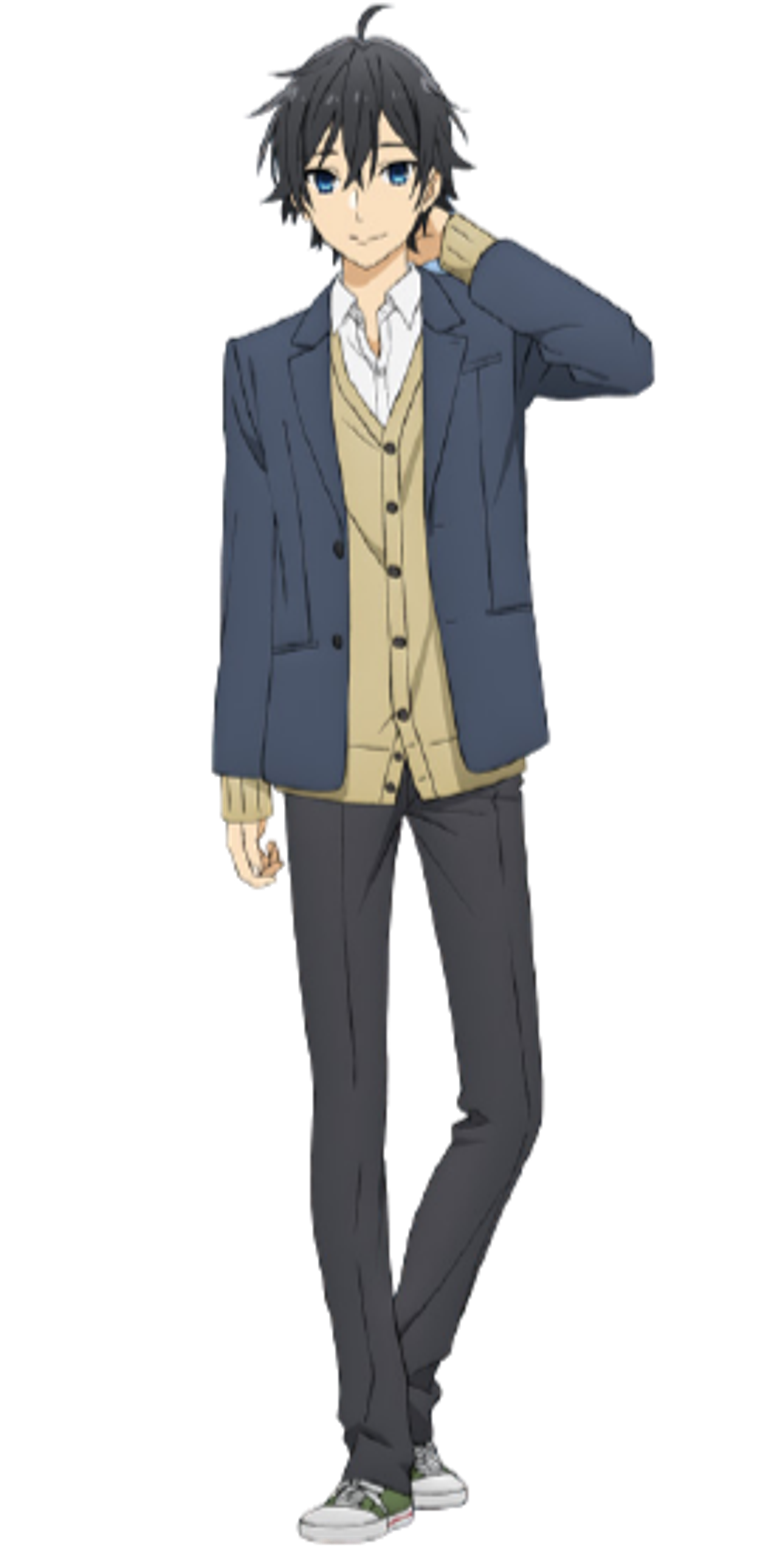 An anime-style character with black hair and blue eyes wearing a navy blue suit.