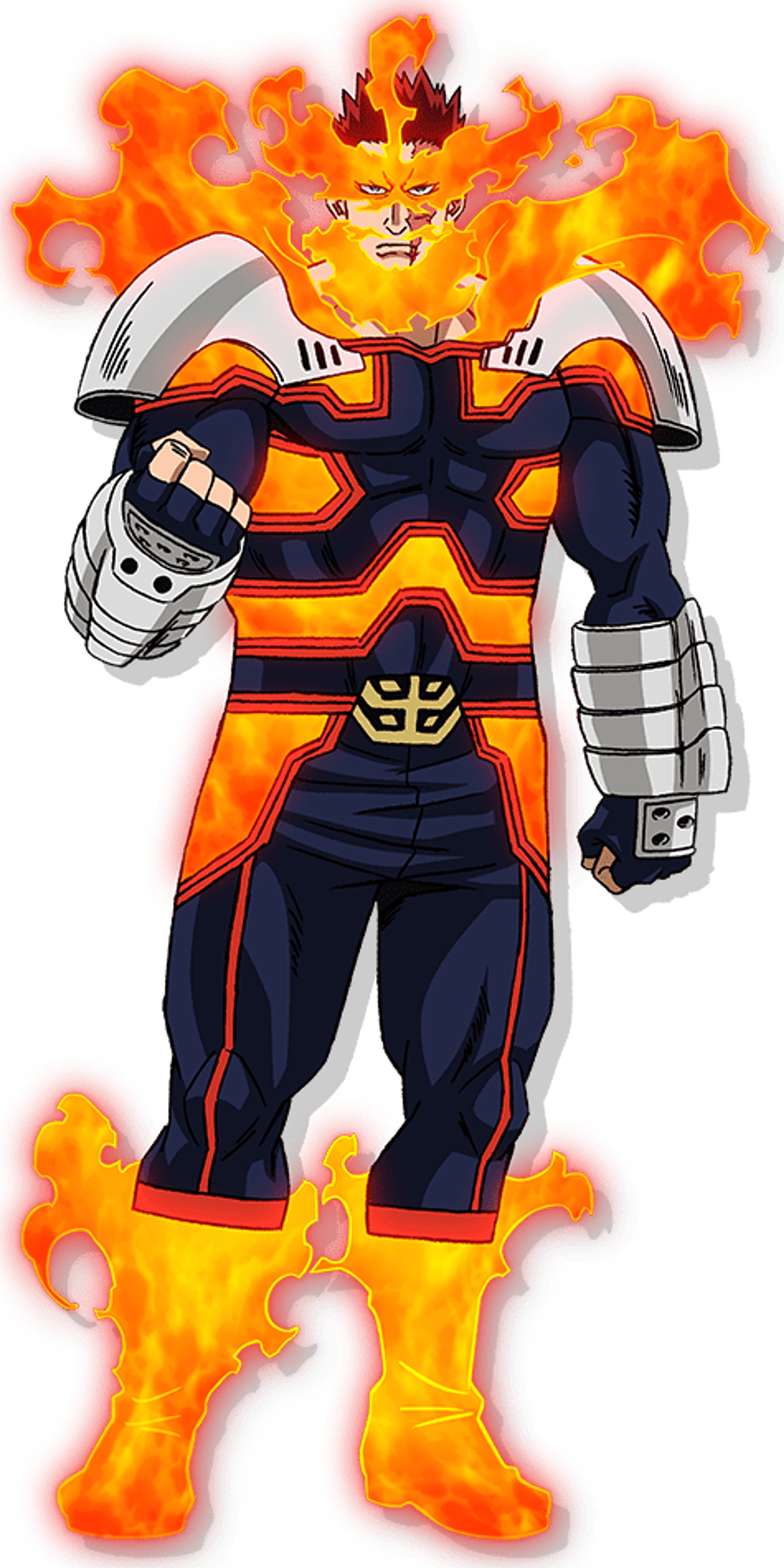 A muscular man in a flame-themed superhero costume striking a heroic pose