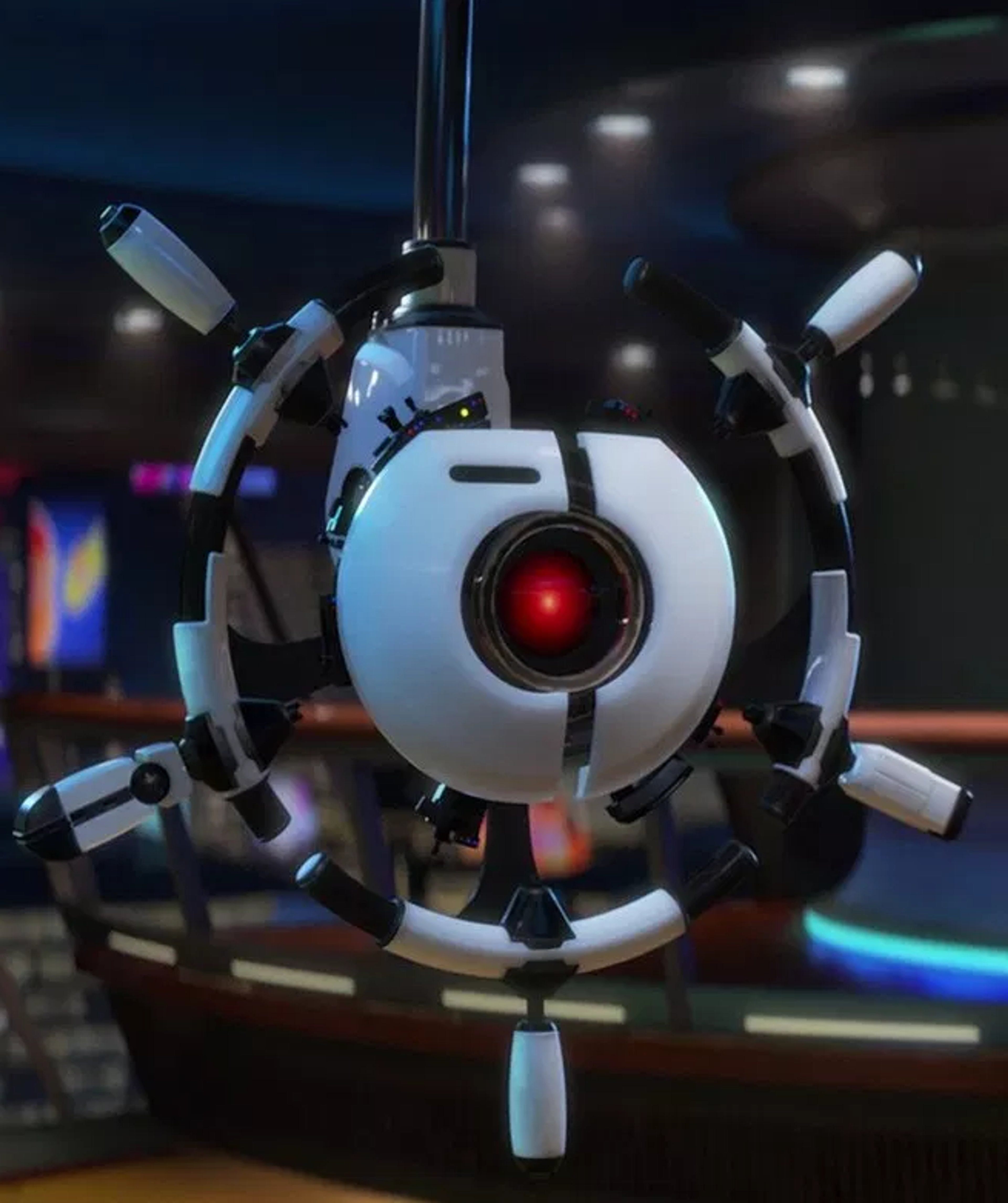 A white wheel-shaped autopilot robot with a red eye