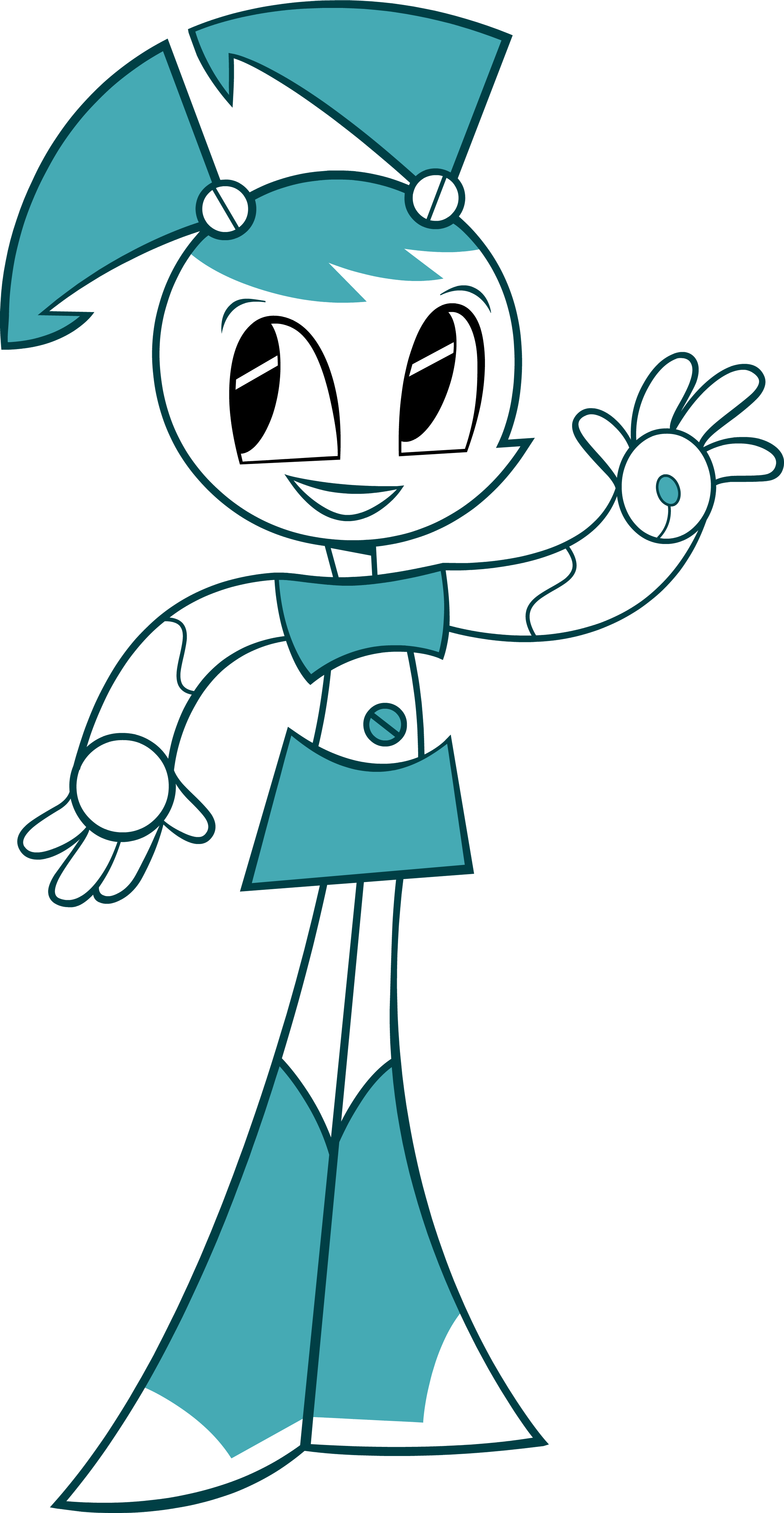 A cartoon-style robotic teenage girl with a metallic body, blue pigtails, and a friendly expression.