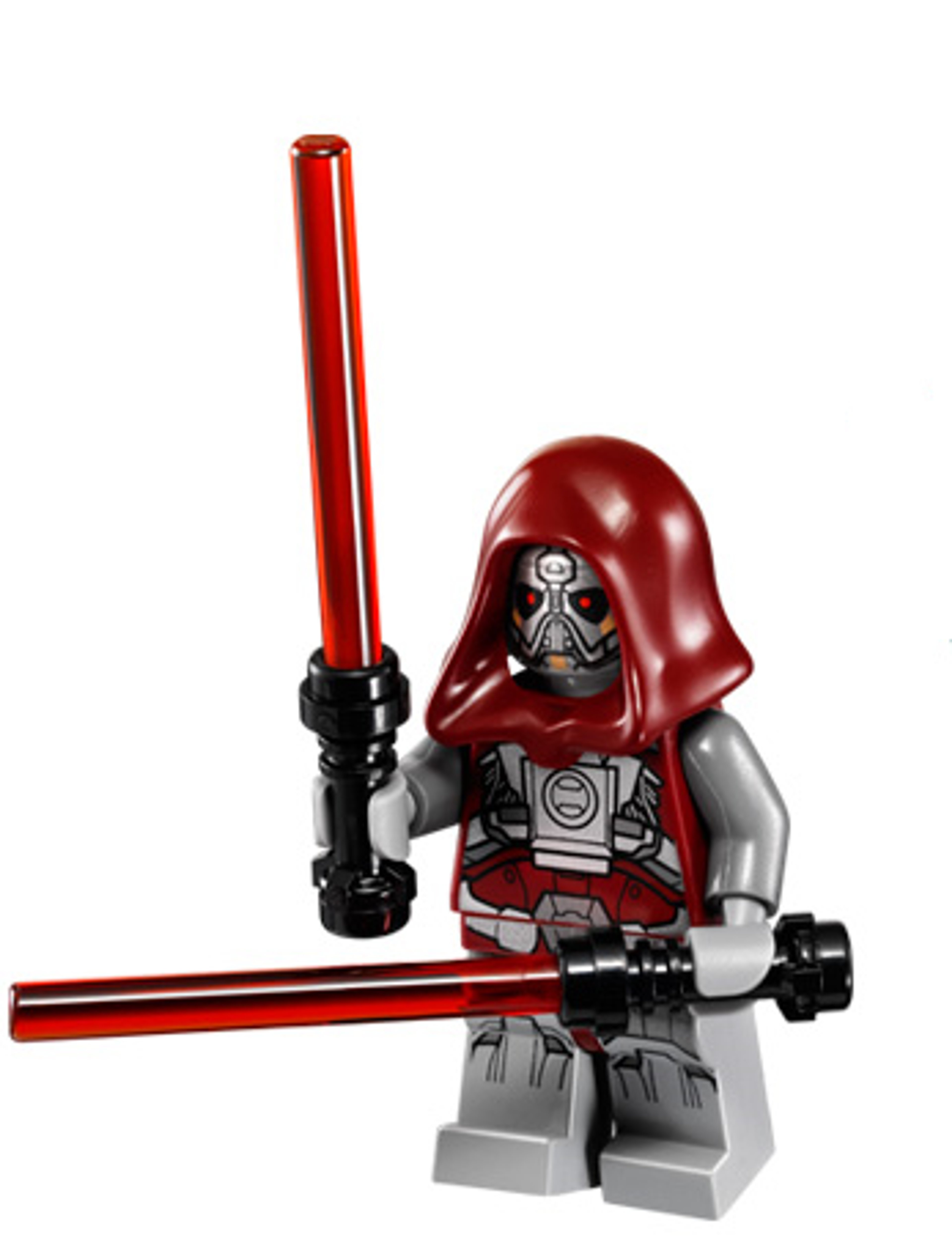 A Sith Warrior character from Star Wars, wearing dark red and grey armor and wielding twin red lightsabers.