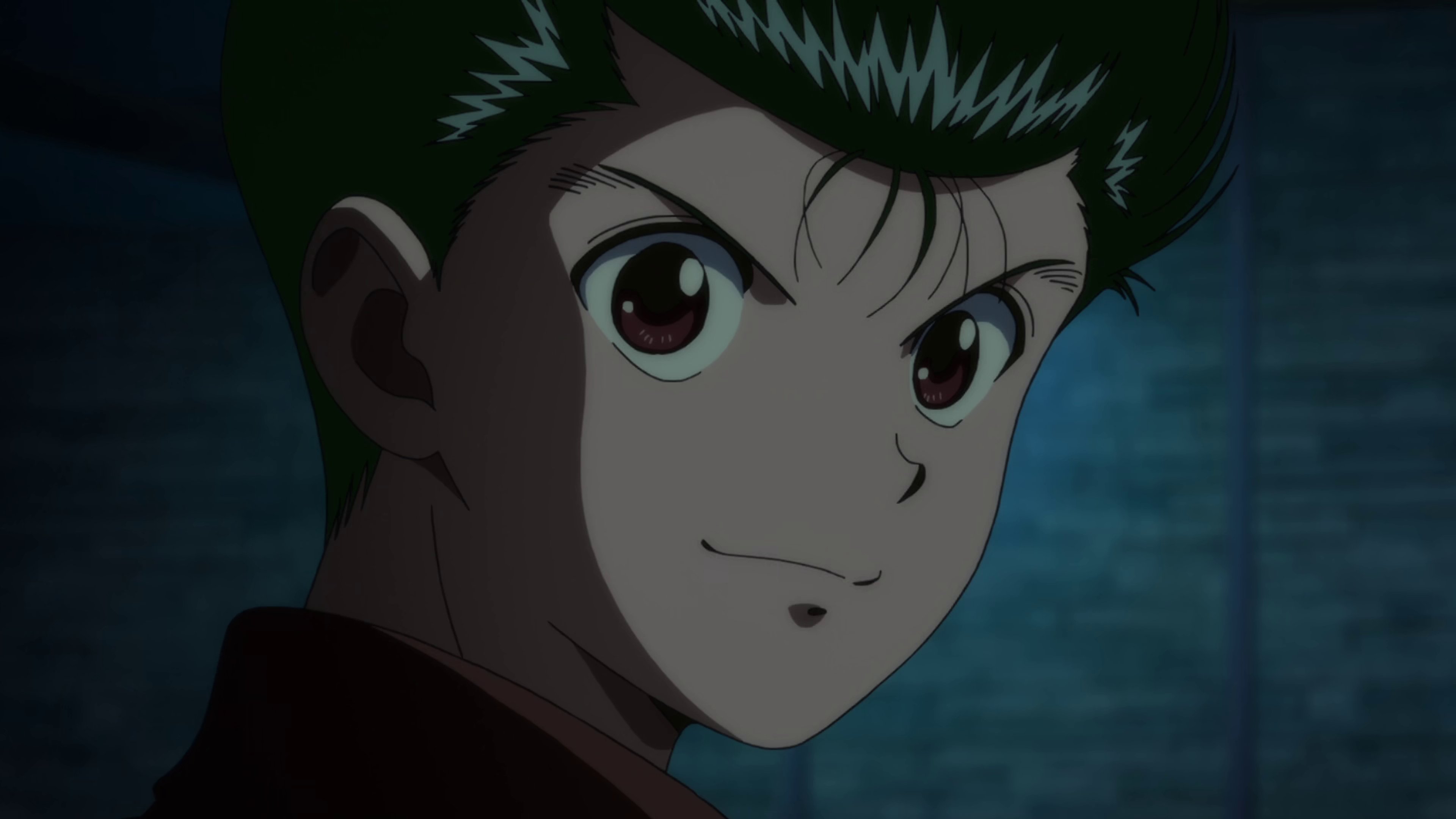 An anime-style character with slicked-back black hair and intense brown eyes, wearing a green school uniform.