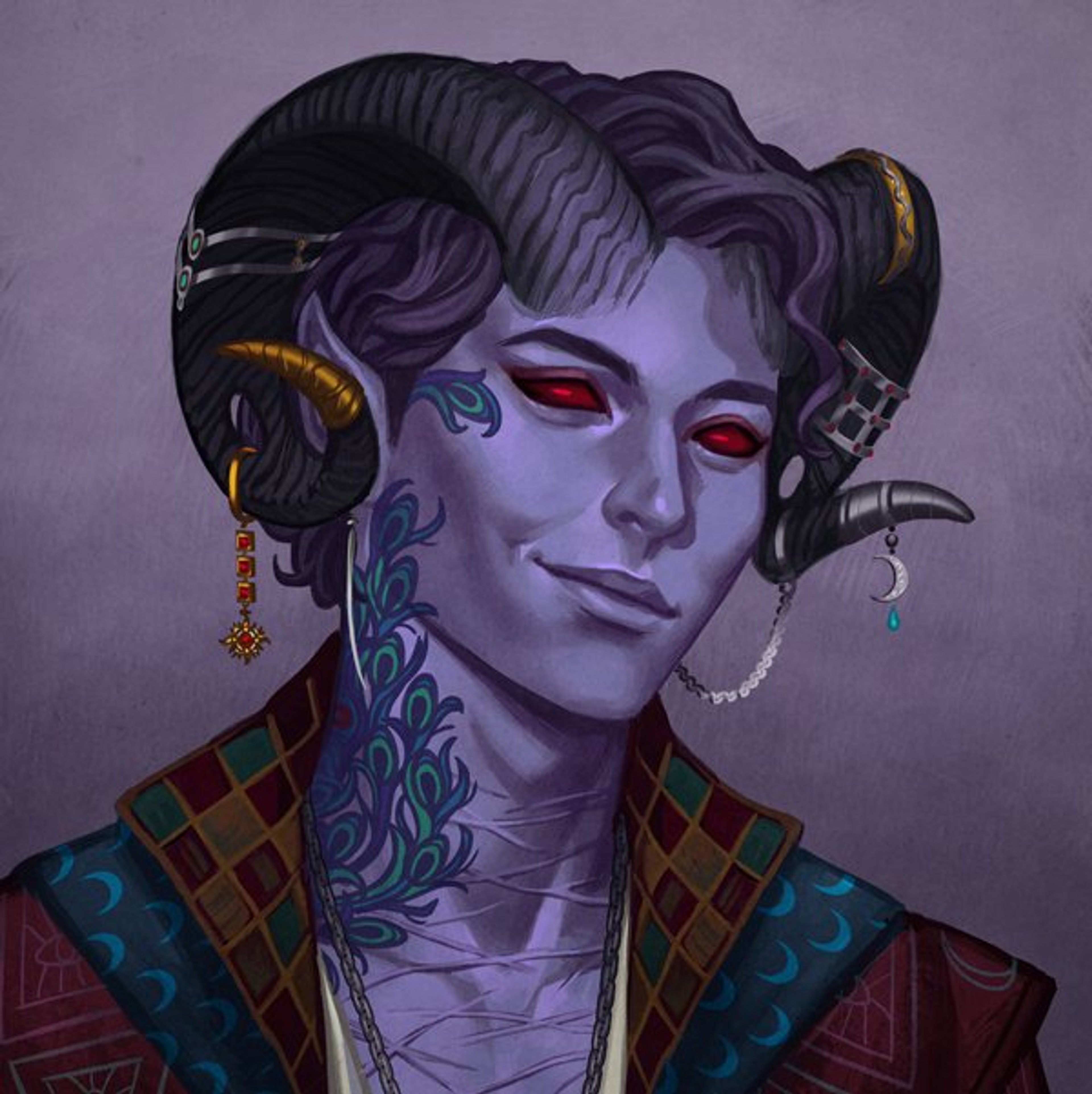 A vibrant, flamboyant tiefling character with lavender skin, pierced horns, and an intricate tattoo.