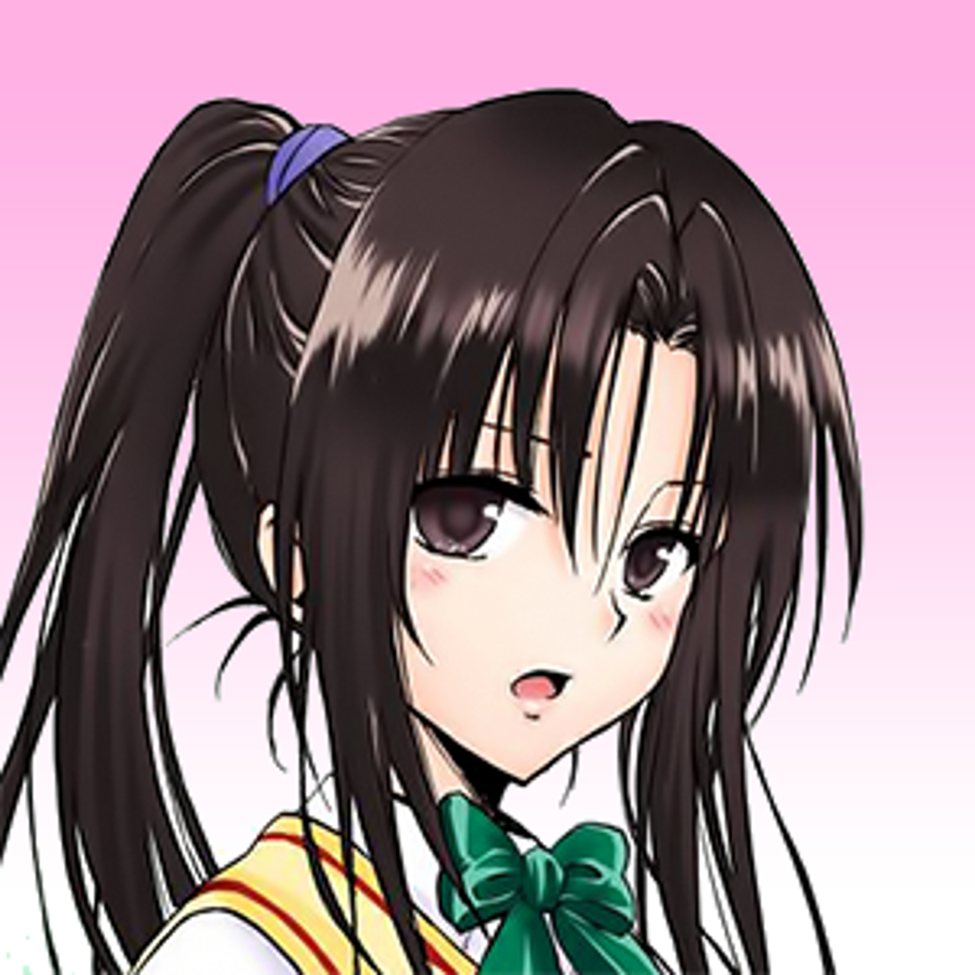 An anime-style character with dark hair in a ponytail, wearing a green school uniform and holding a shinai.