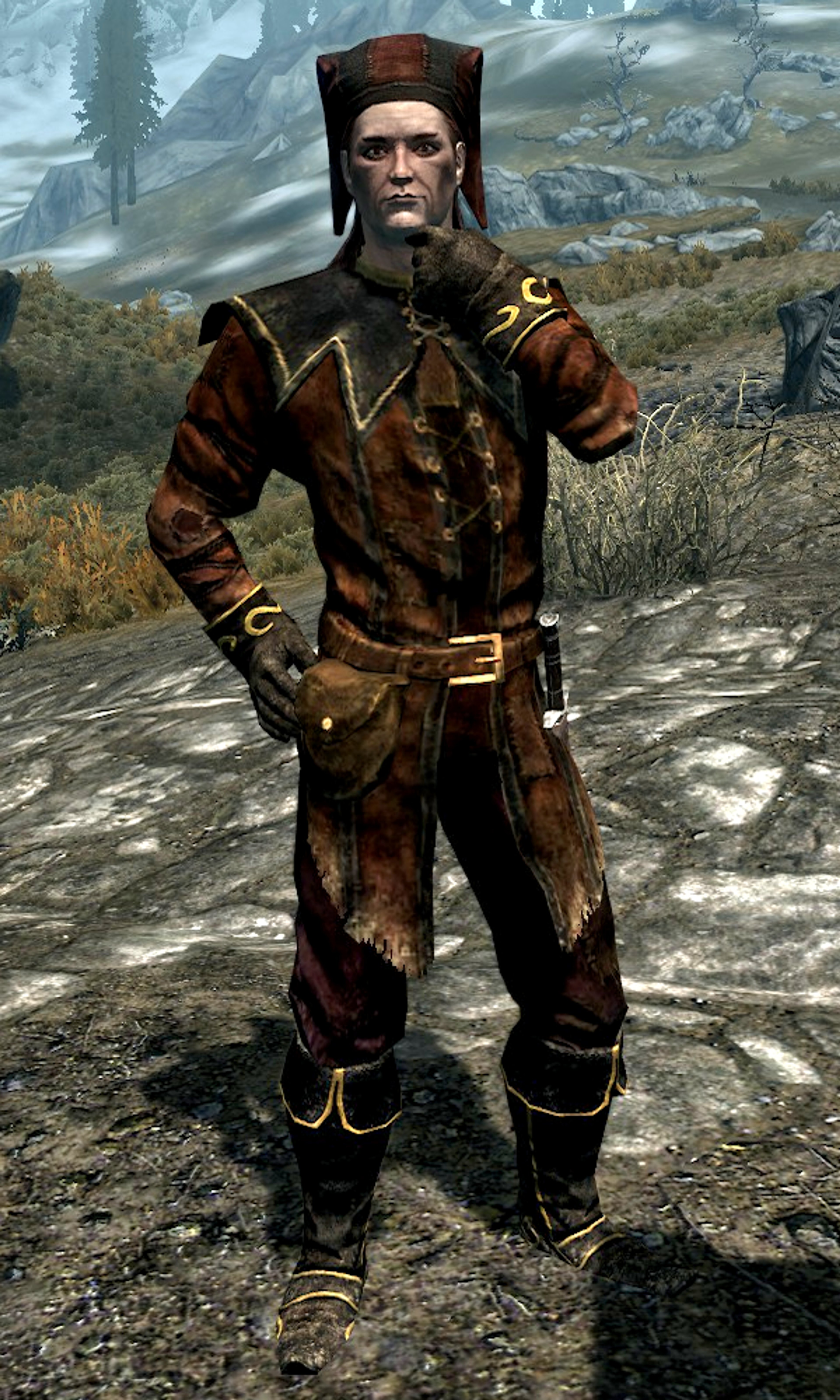 A male character in a jester-like outfit standing in a snowy, mountainous environment