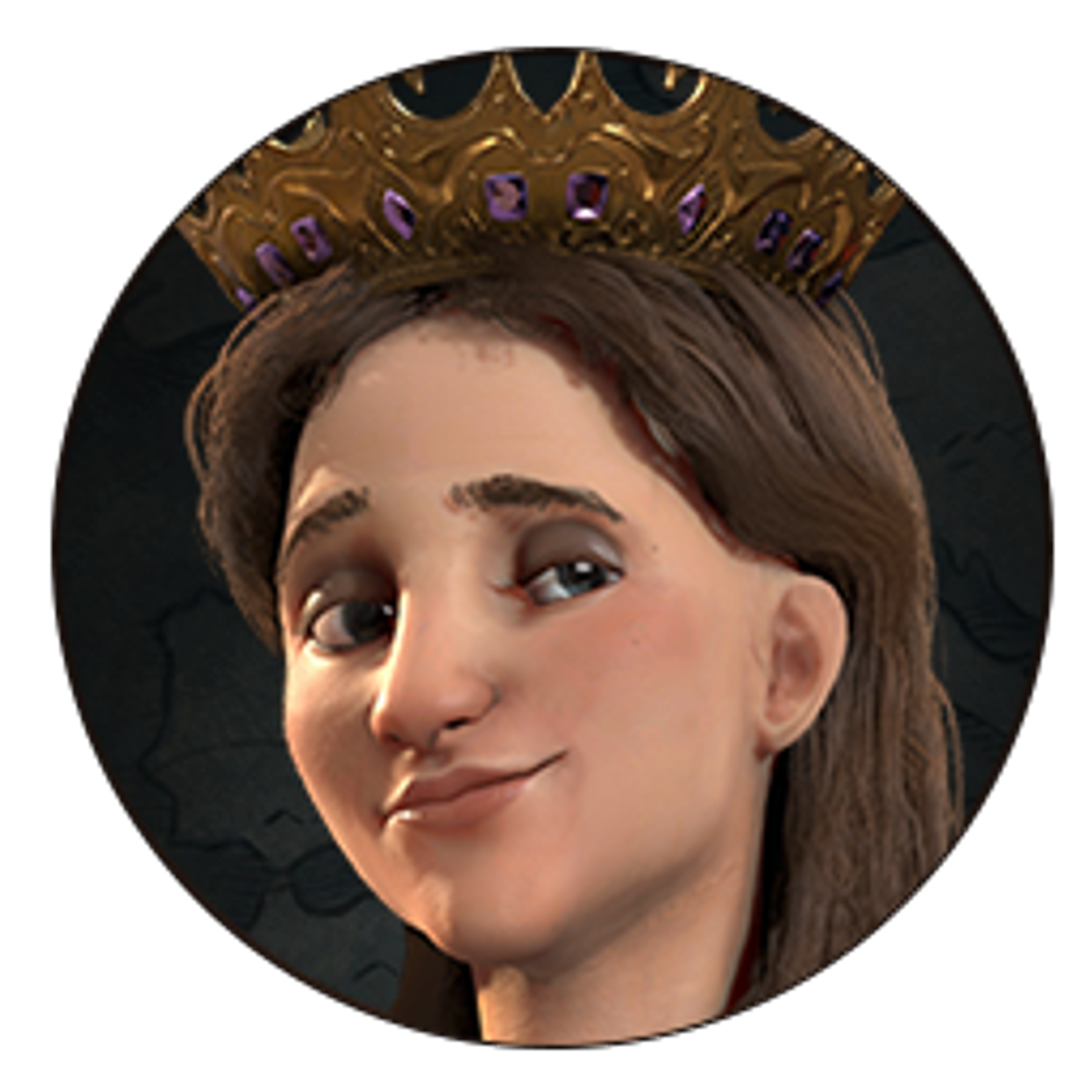 A young woman with long brown hair wearing a golden crown