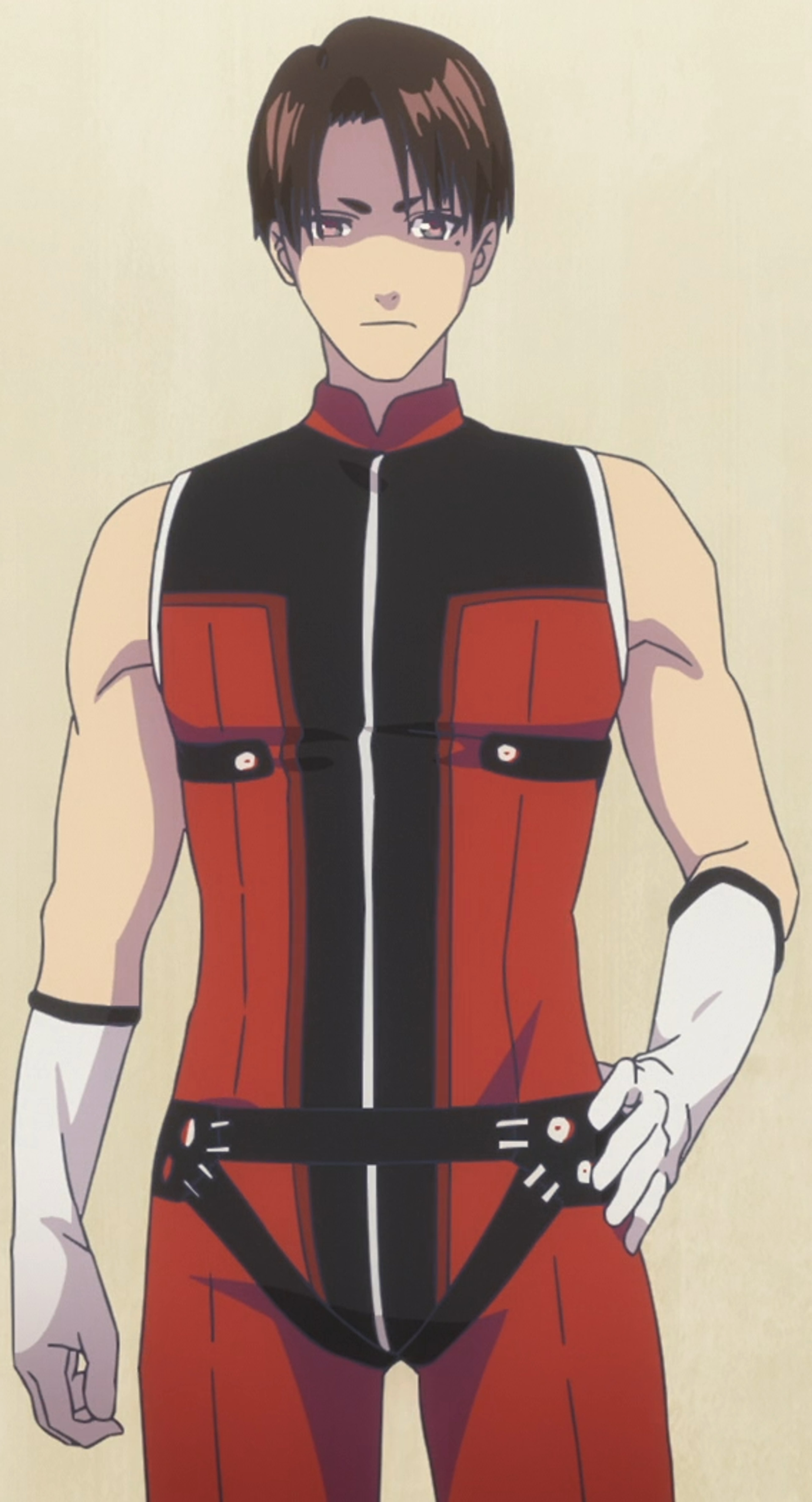 A male character in a red and black outfit with a serious expression