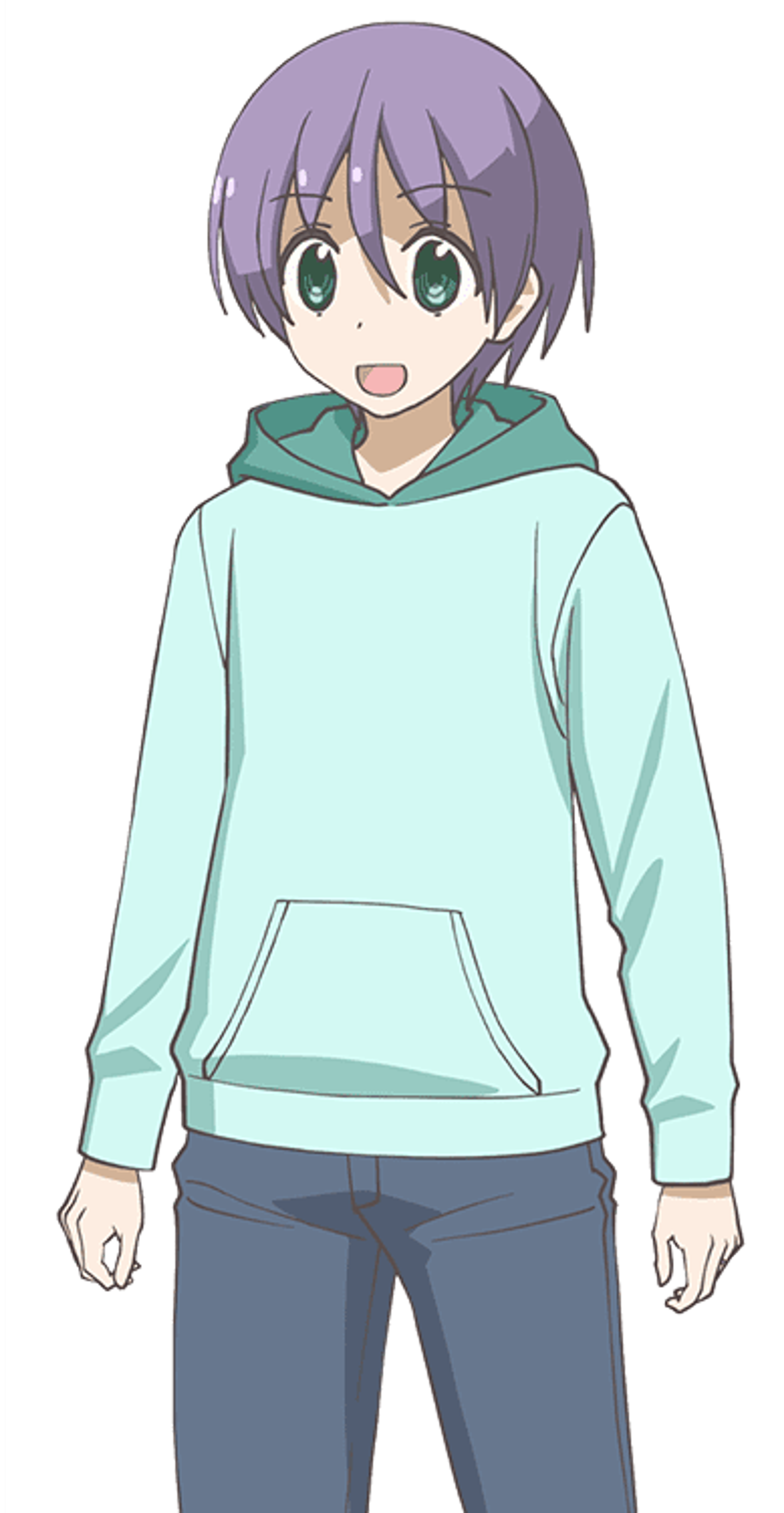 An anime-style character with purple hair and green eyes wearing a light green hoodie