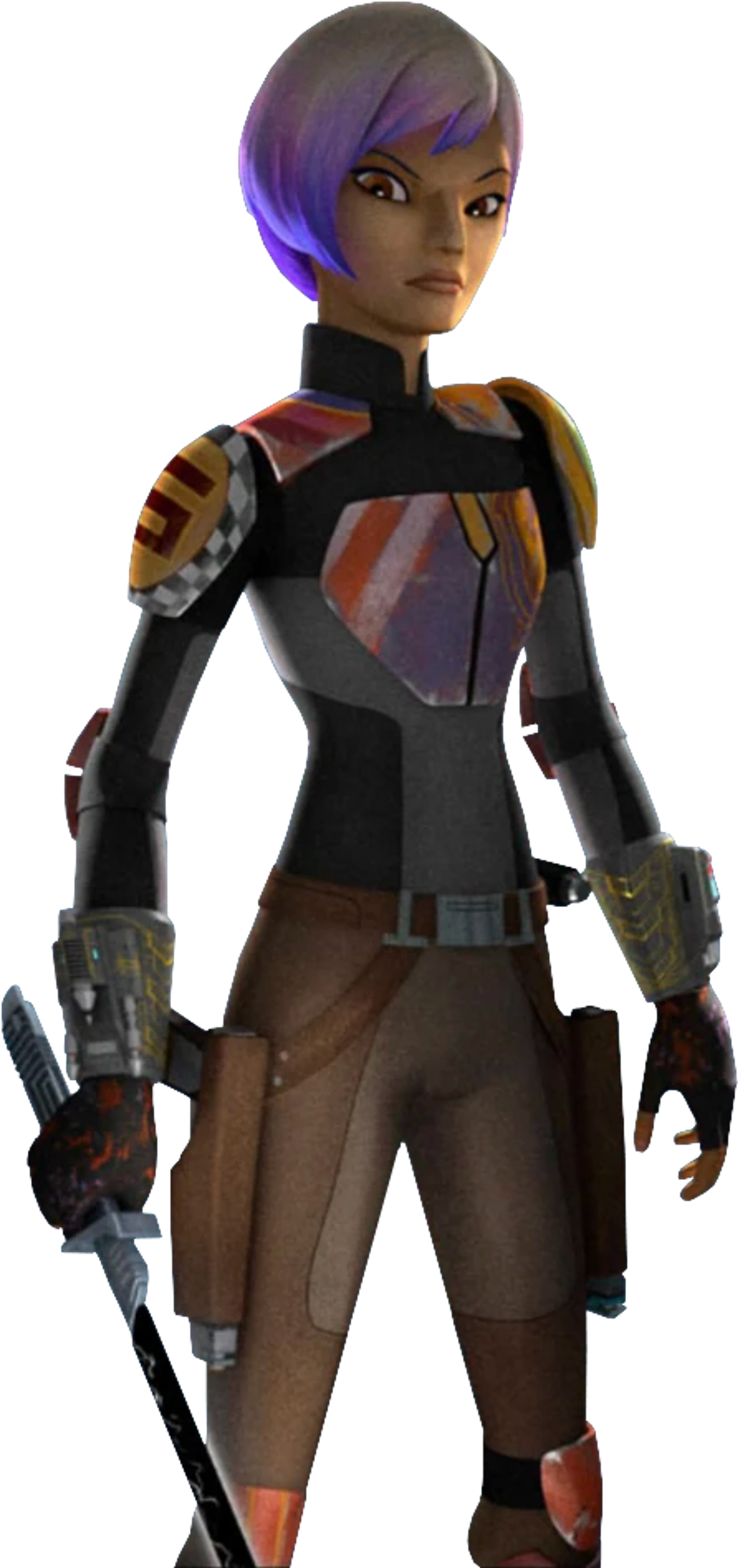 A young Mandalorian warrior woman with short, colorful hair and a black and orange bodysuit, holding a pair of blaster pistols.