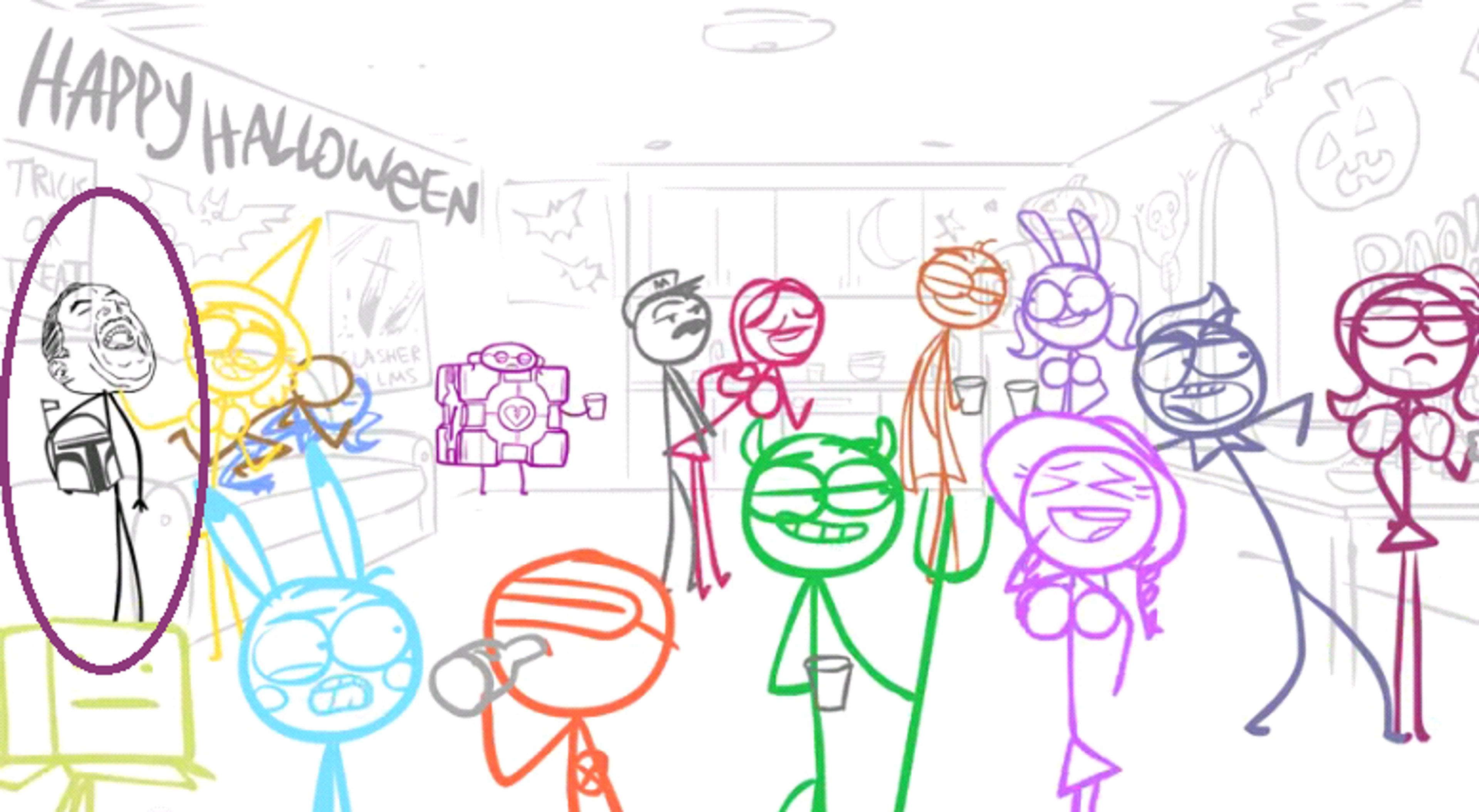 A group of colorful stick figure characters, including one labeled 'Trollz0r' or 'Jason' with a transforming meme face head.