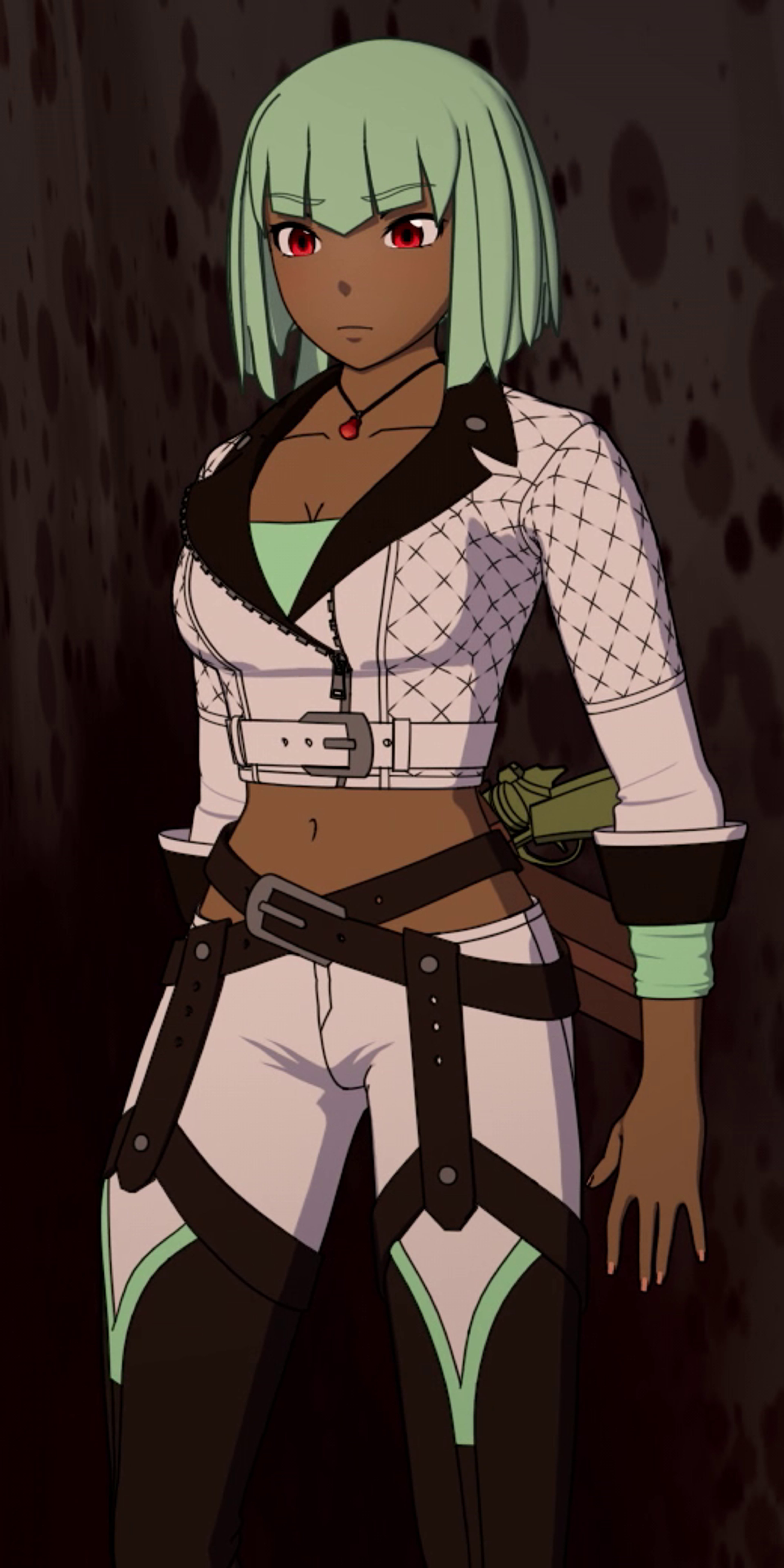 A young woman with green hair and red eyes, wearing an intricate white top, olive undershirt, white pants, and brown chaps, holding a pair of bladed revolver-sickles.