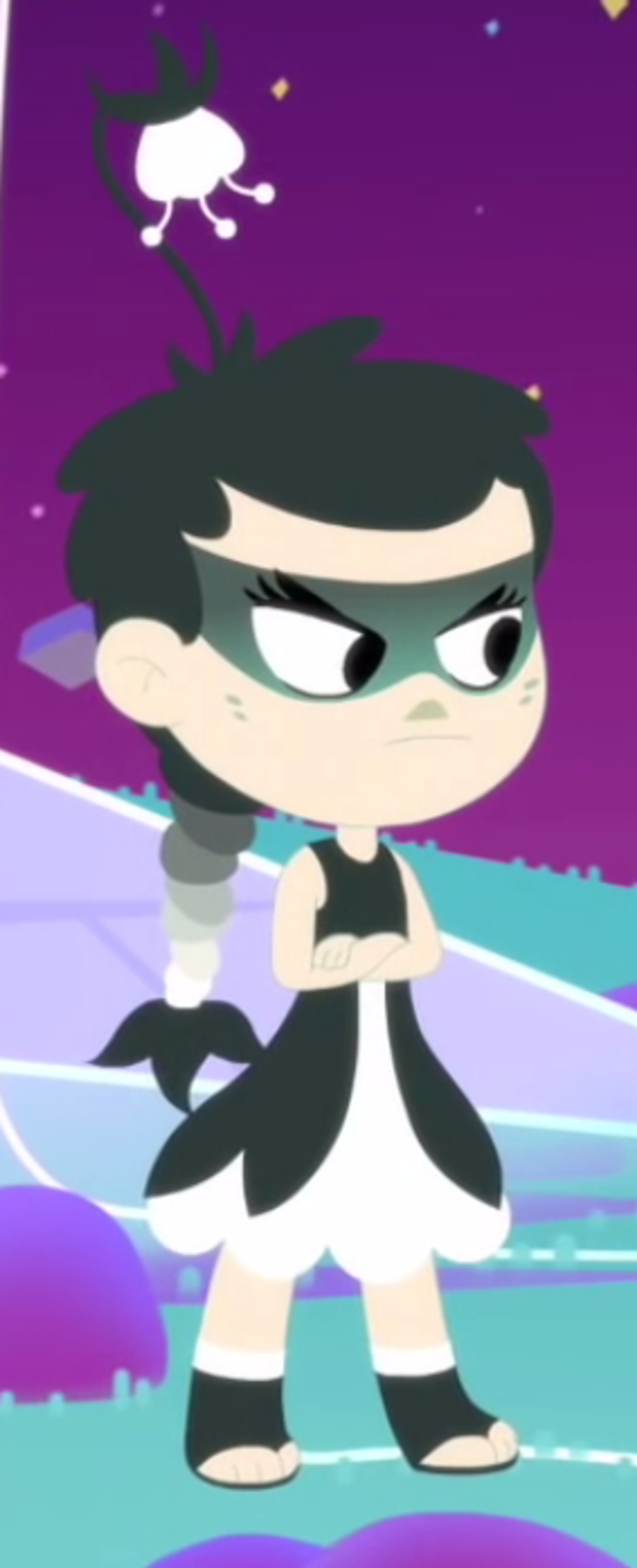 A stylized humanoid character with black-and-white gradient hair, a black facial marking, and a flower on their head, wearing a black and white dress.