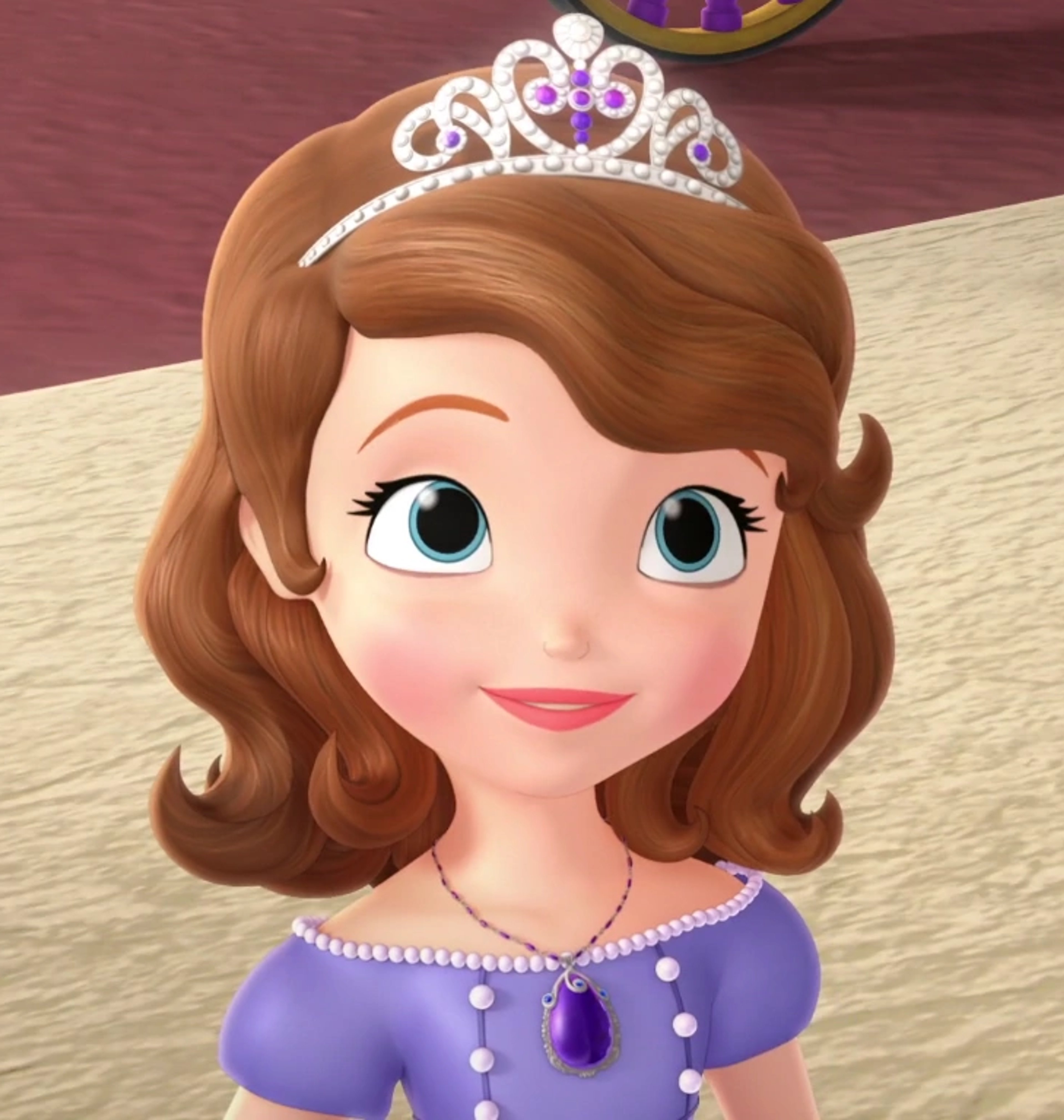 An animated character named Sofia, a young princess with fair skin, rosy cheeks, and wavy auburn hair wearing a purple dress and tiara.