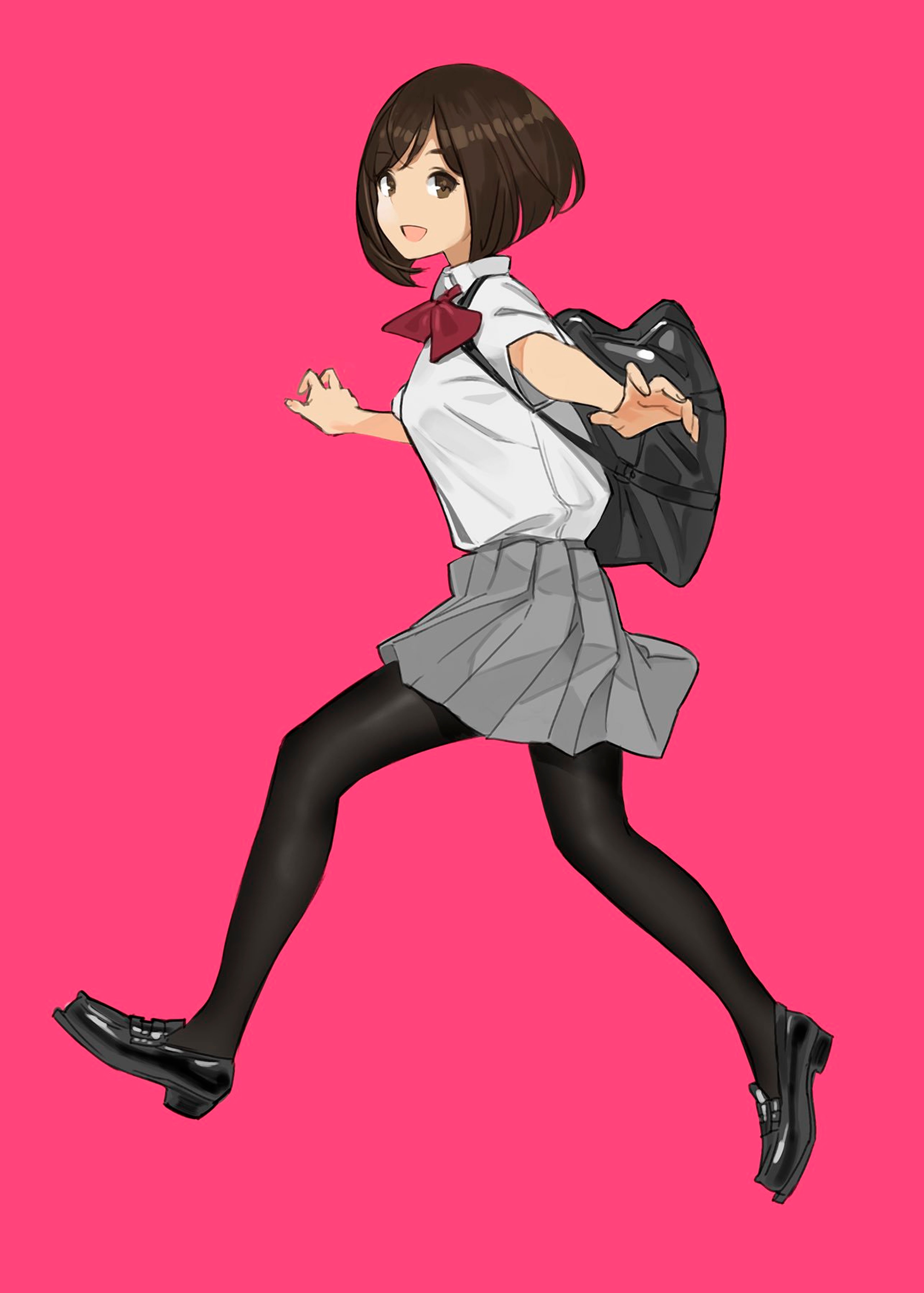 An anime-style character of a young high school girl with brown hair and eyes, wearing a school uniform and running in a playful pose.