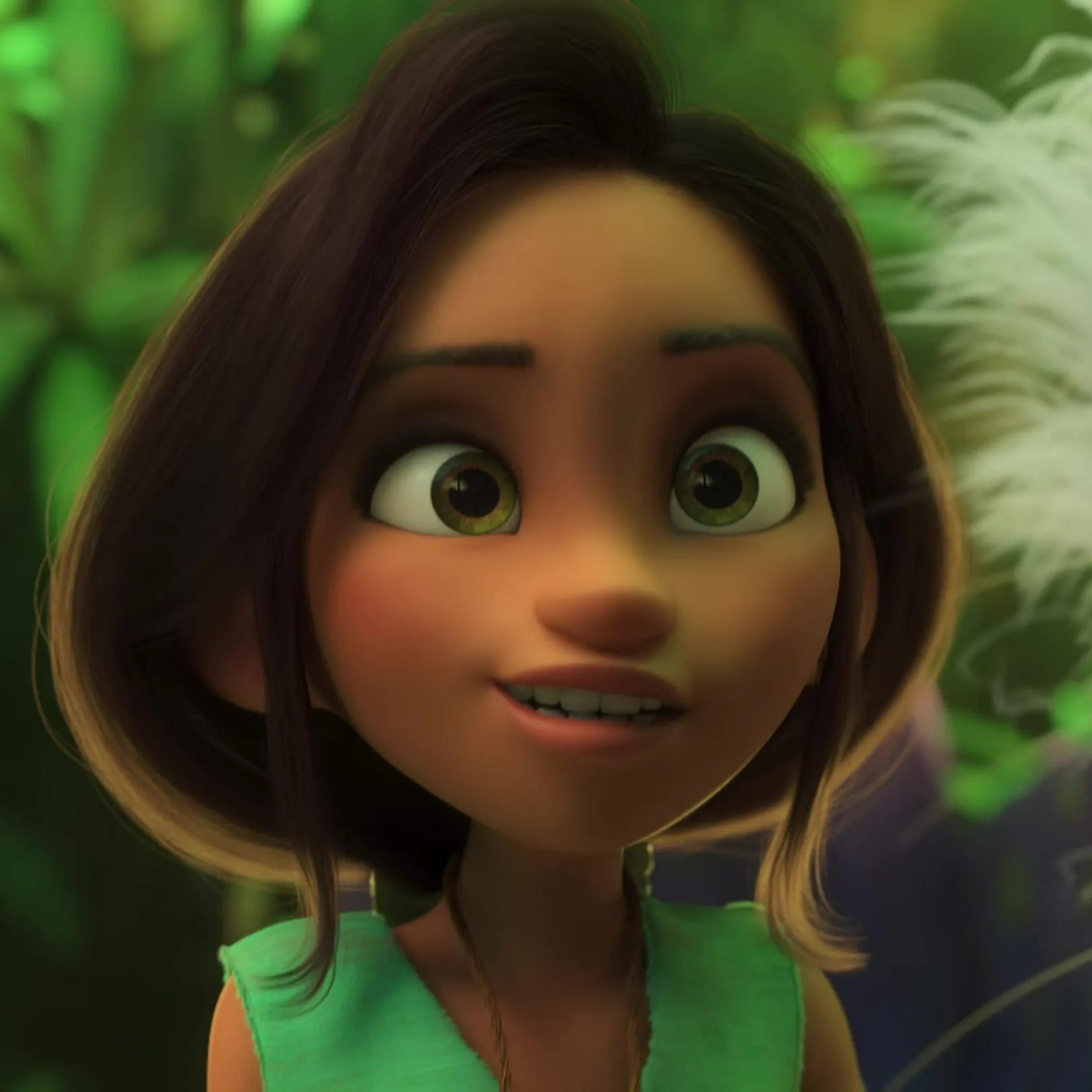 A young woman with large eyes and dark hair in an animated style