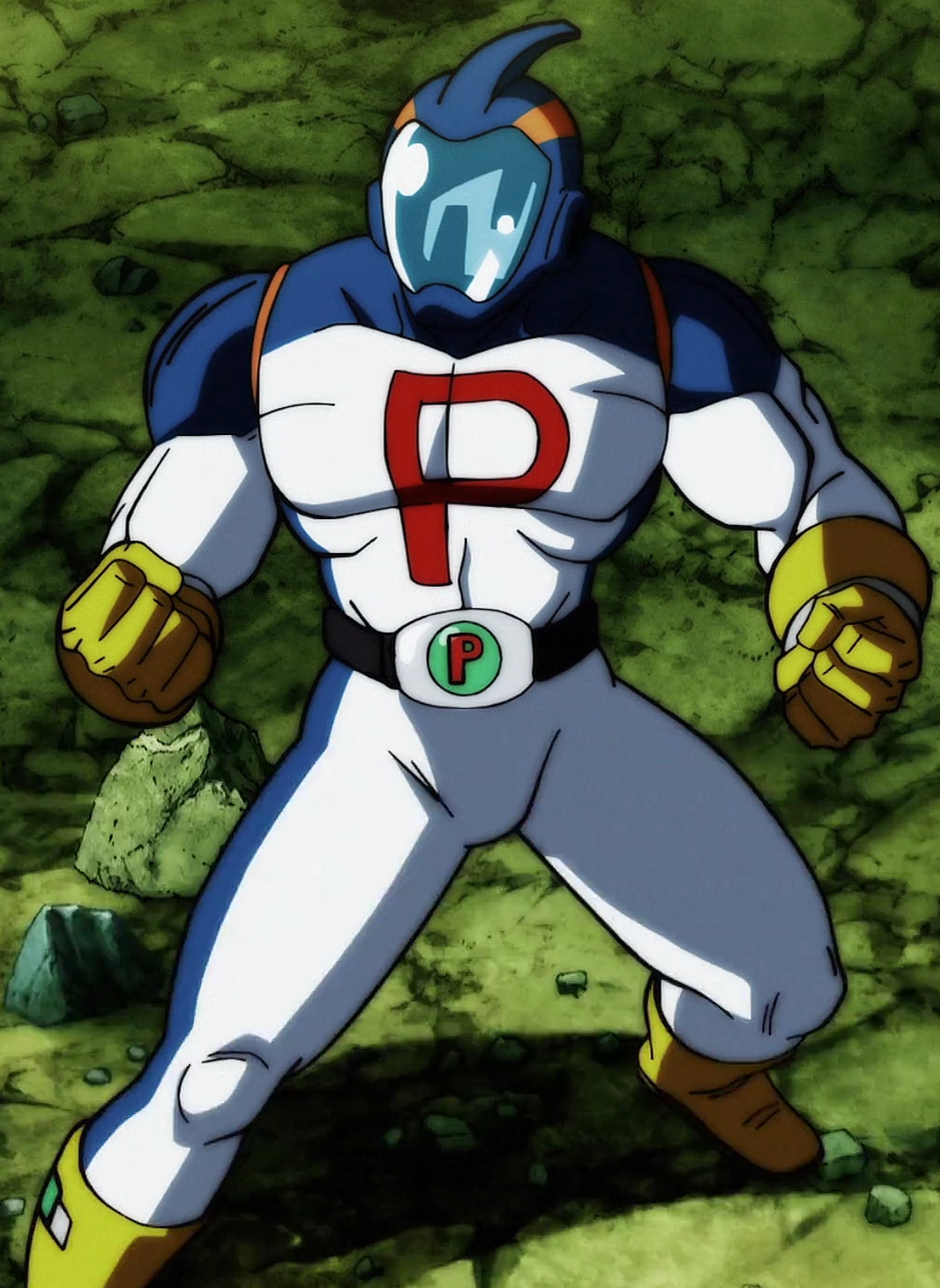 A blue-skinned humanoid character in a futuristic police uniform