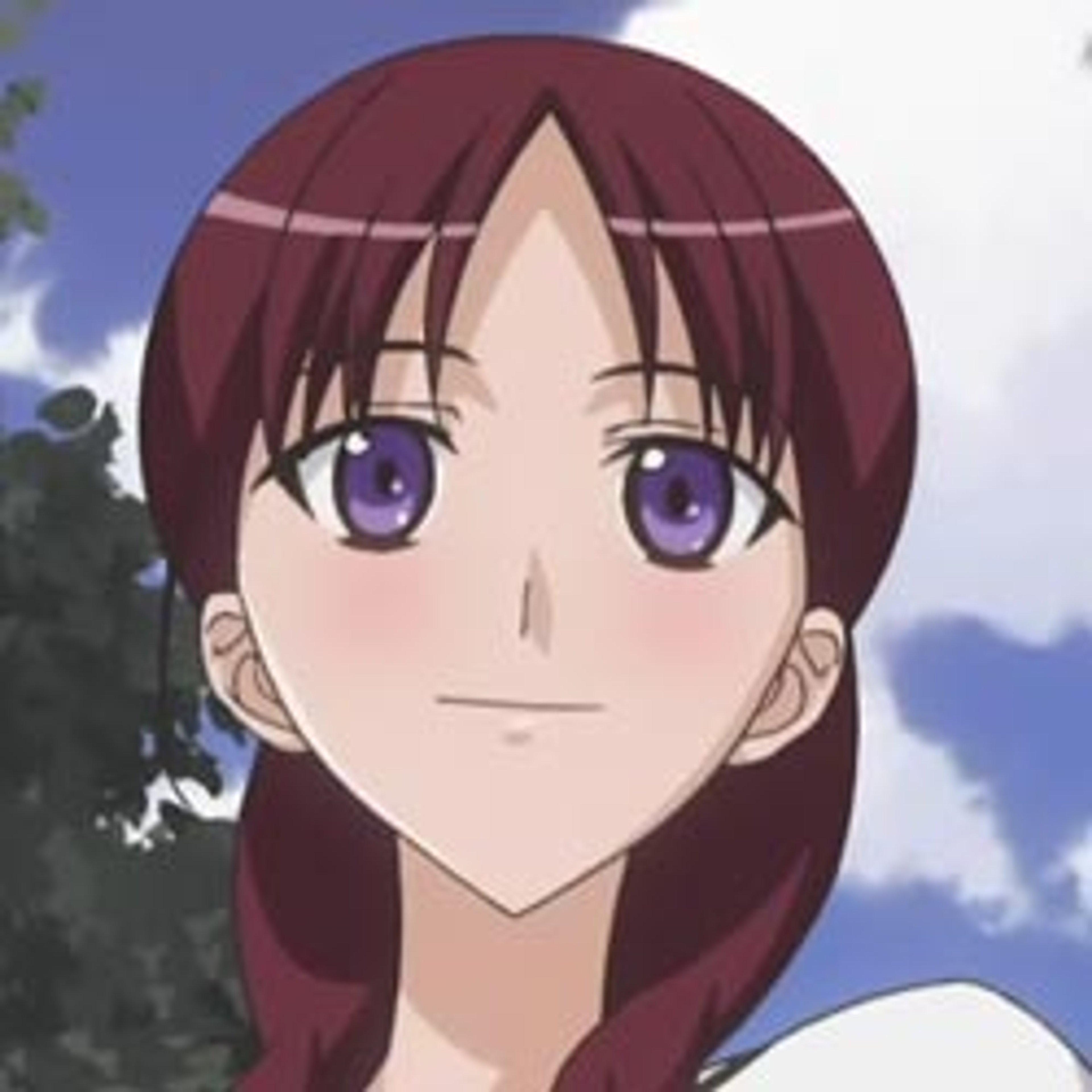 An anime-style character with long, reddish-brown hair and large, expressive purple eyes.