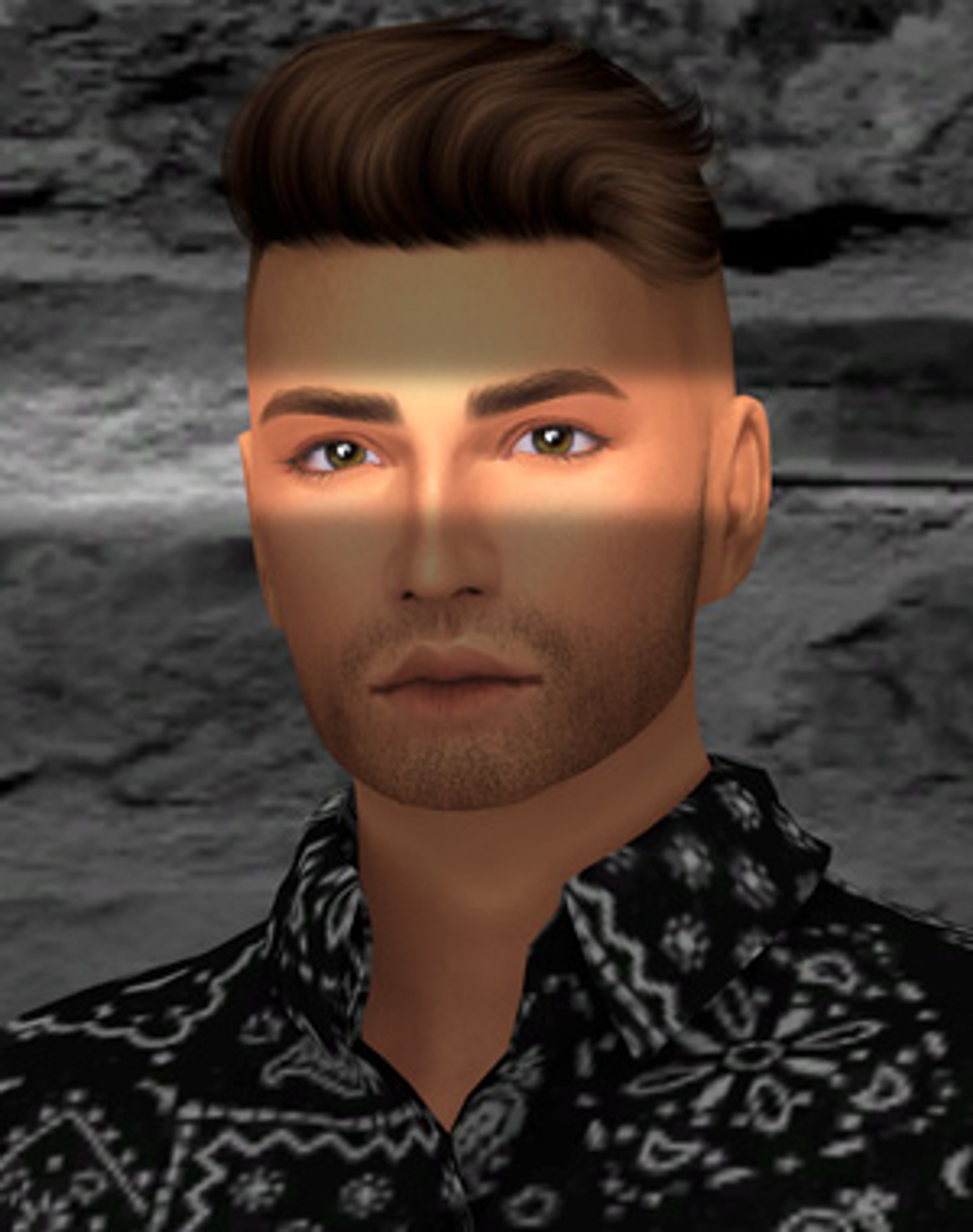 A male character with short brown hair and a rugged appearance, wearing a patterned shirt.