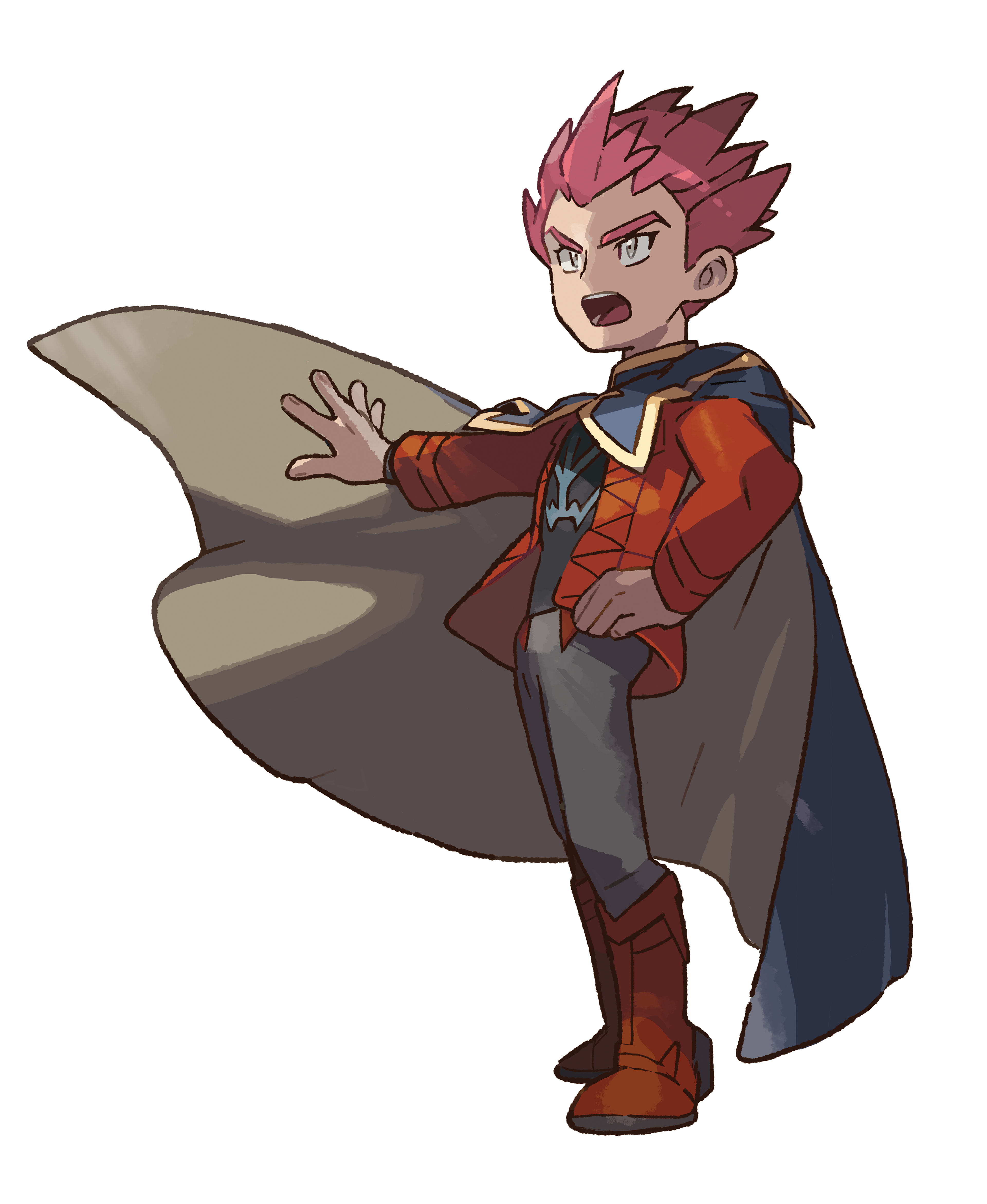 A man with red spiked hair wearing a black and red cape