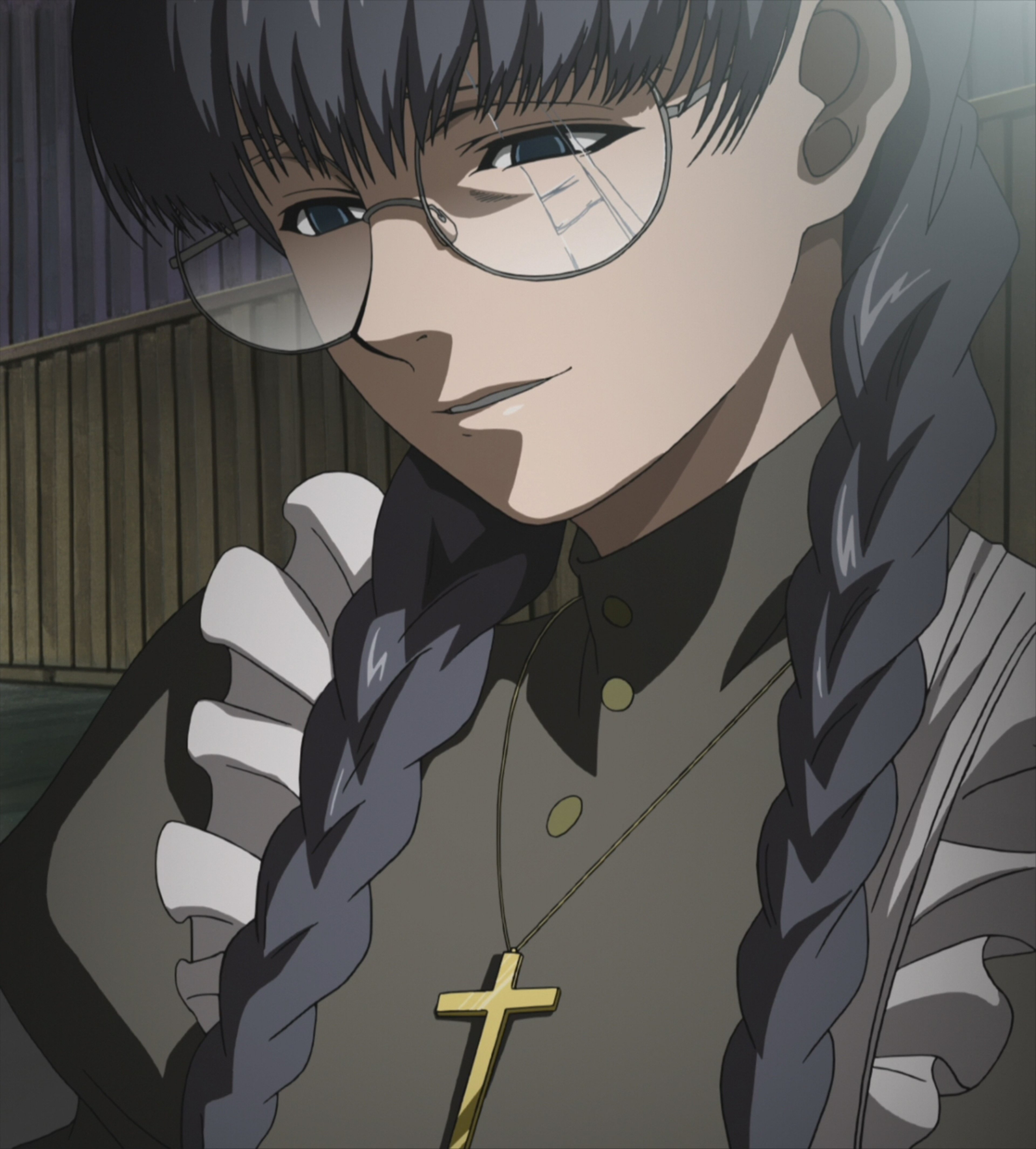 An anime-style character in a maid uniform with a cross necklace