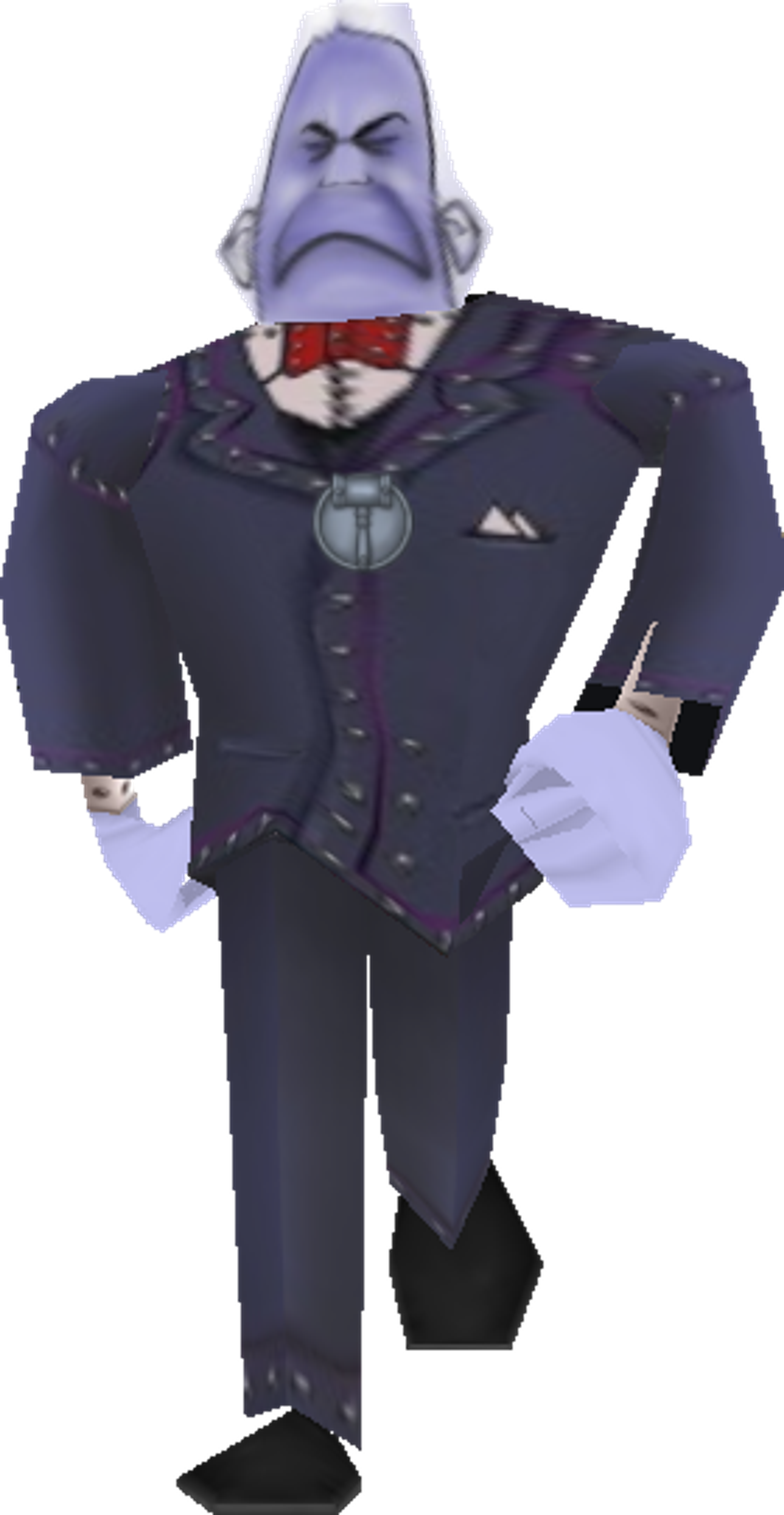 A purple, bald character in a dark suit with a red bowtie, looking stern and authoritative.