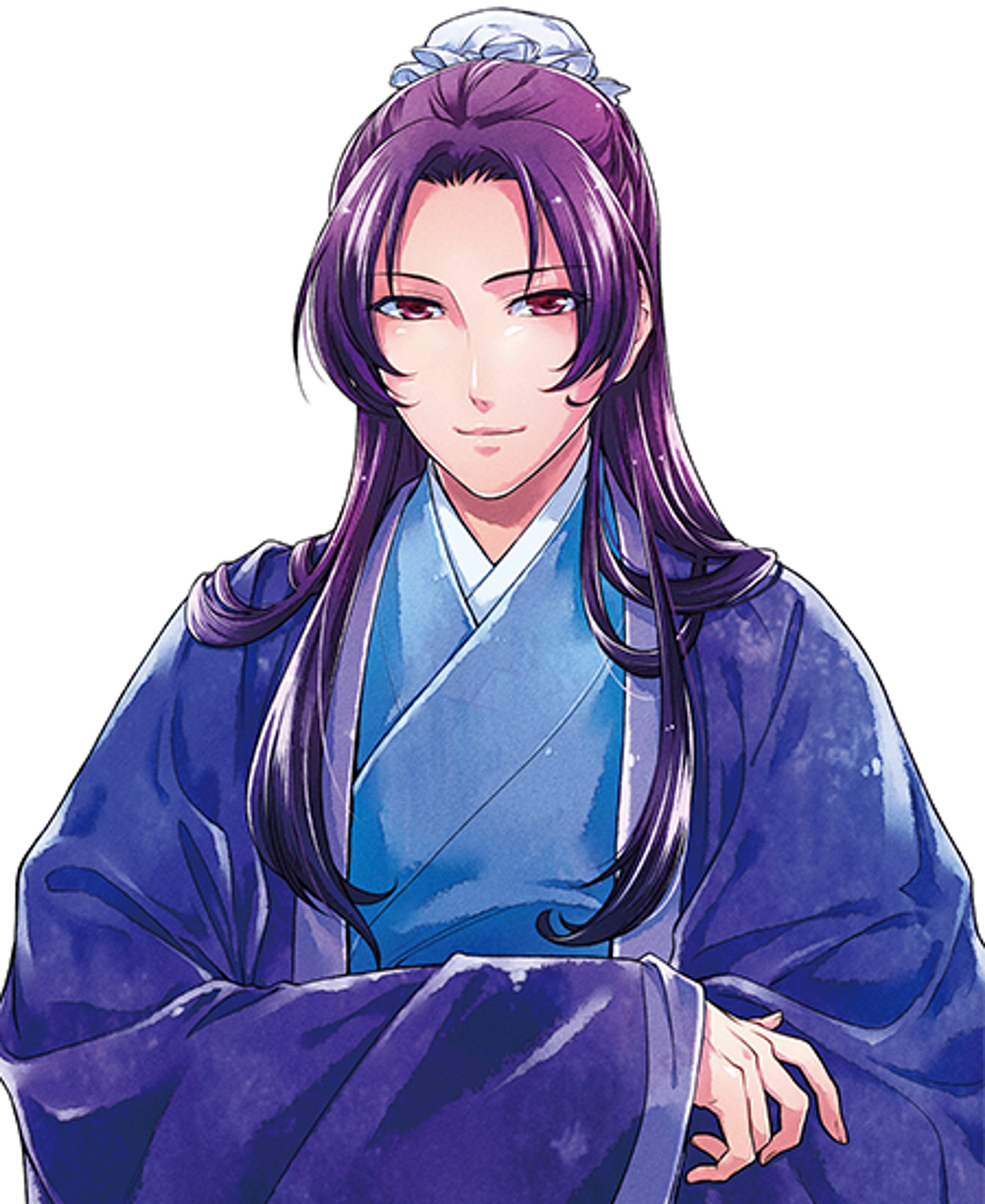 A beautiful, androgynous character with long black hair and pink eyes, wearing a blue and purple robe.