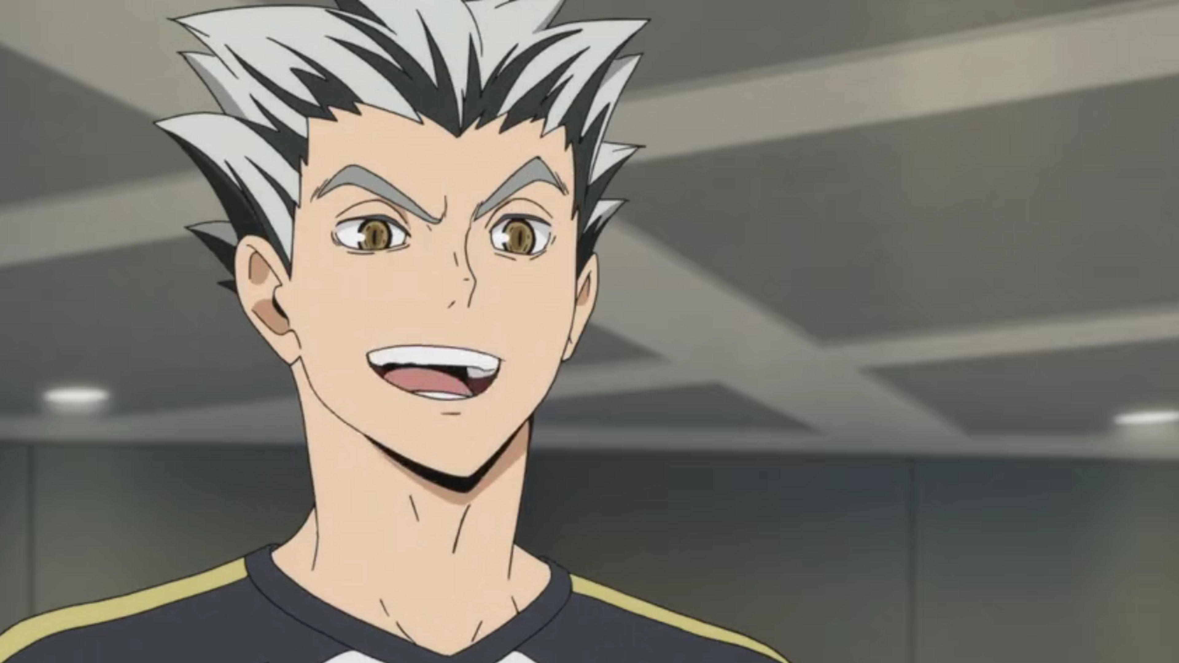 An animated character with spiky, light-colored hair wearing a sports uniform, likely a volleyball player.