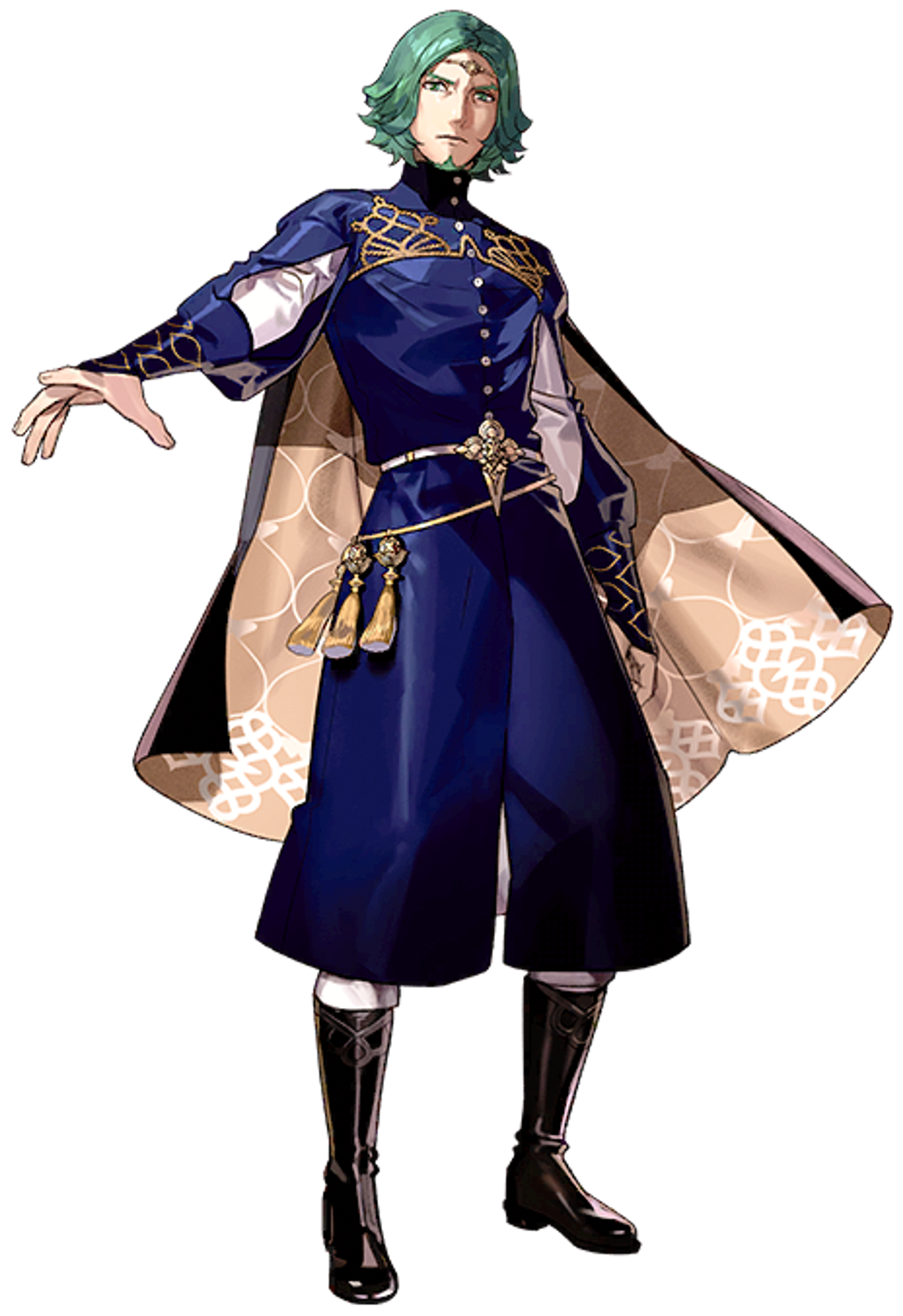 A male character with green hair wearing a blue and gold uniform, standing with a stern expression.