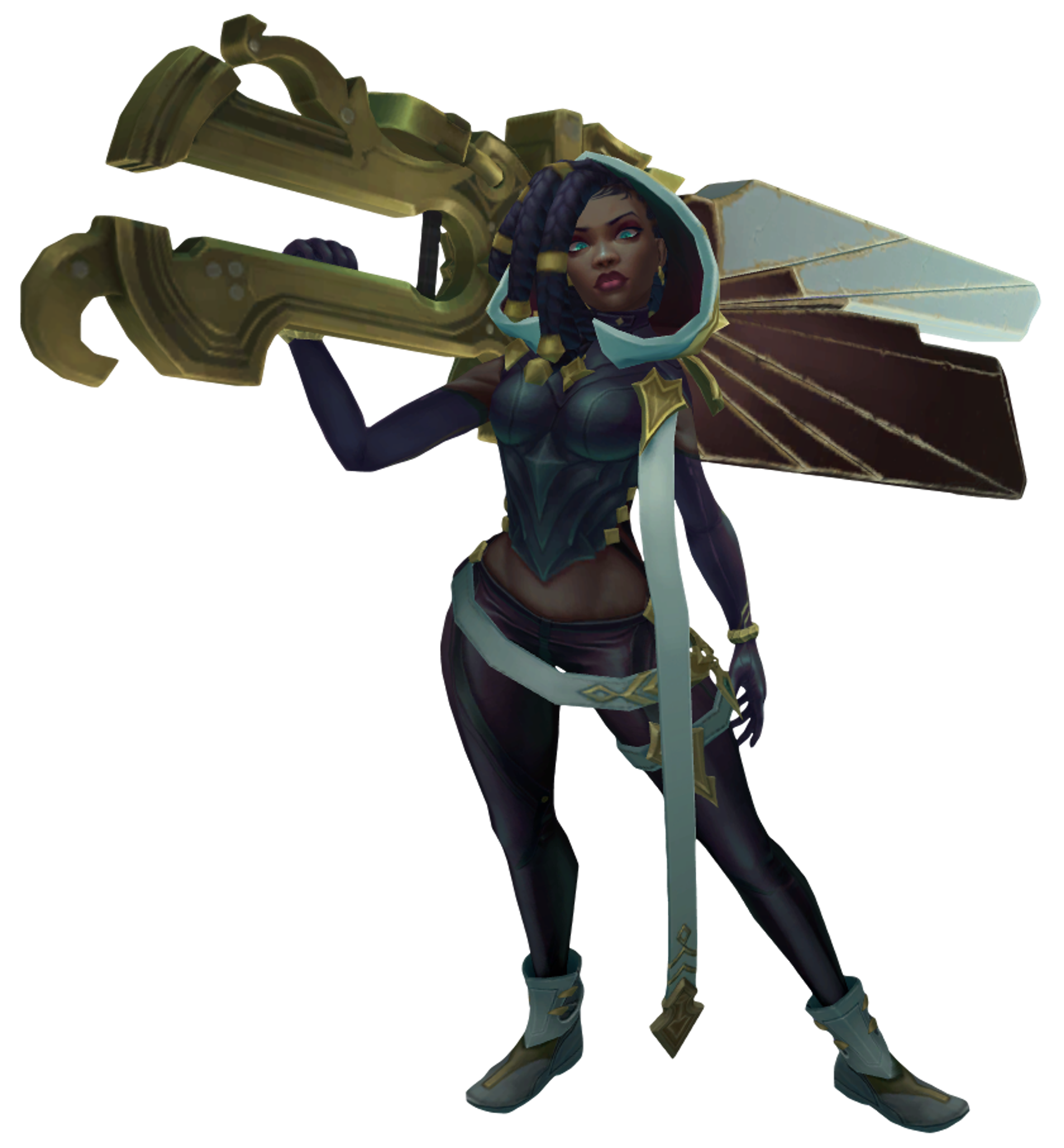A female character with a dark, haunted appearance holding a large weapon