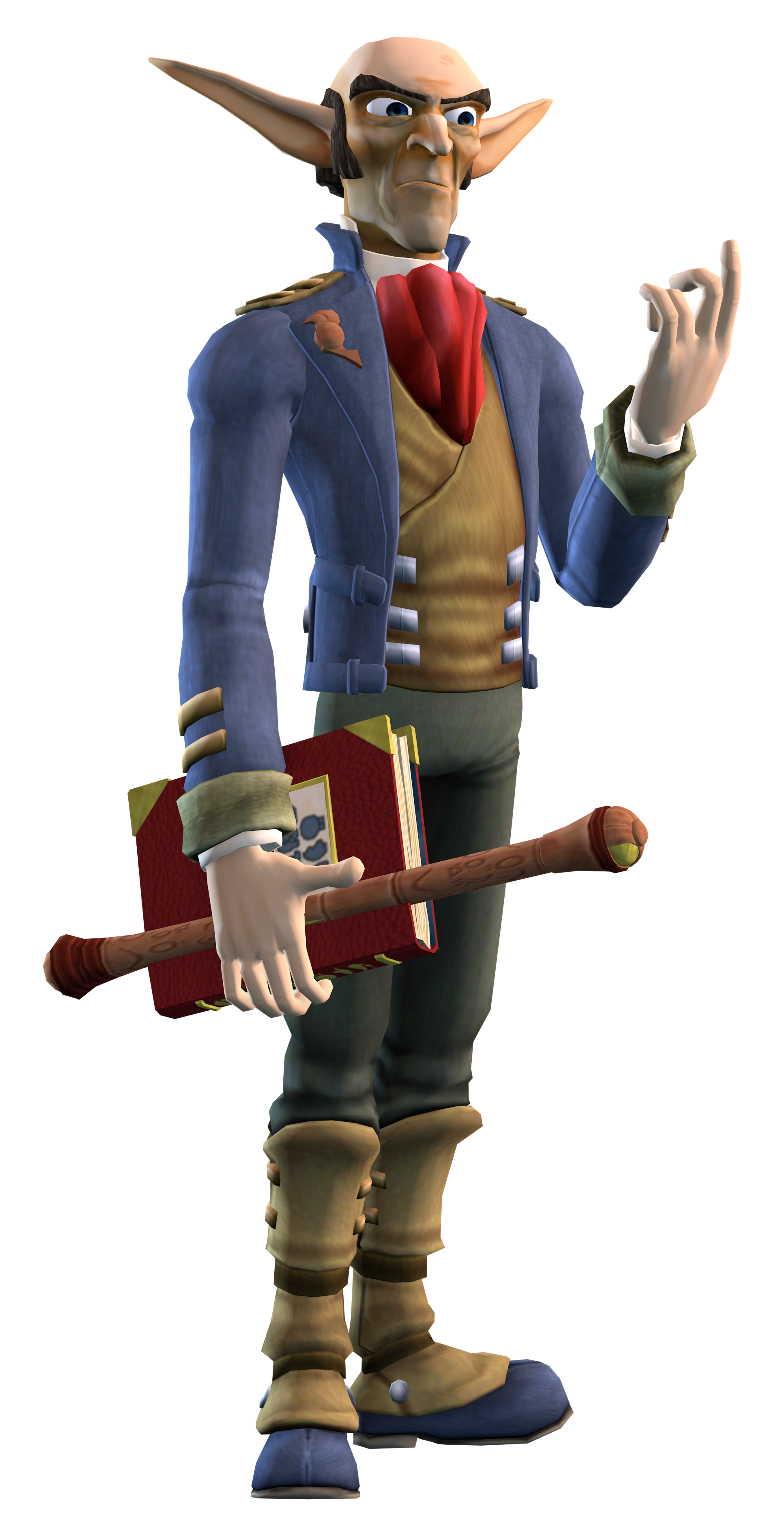 A detailed 3D character model of an elderly, bald, pointy-eared humanoid creature in a blue coat, red scarf, and brown boots, holding a staff and making a hand gesture.