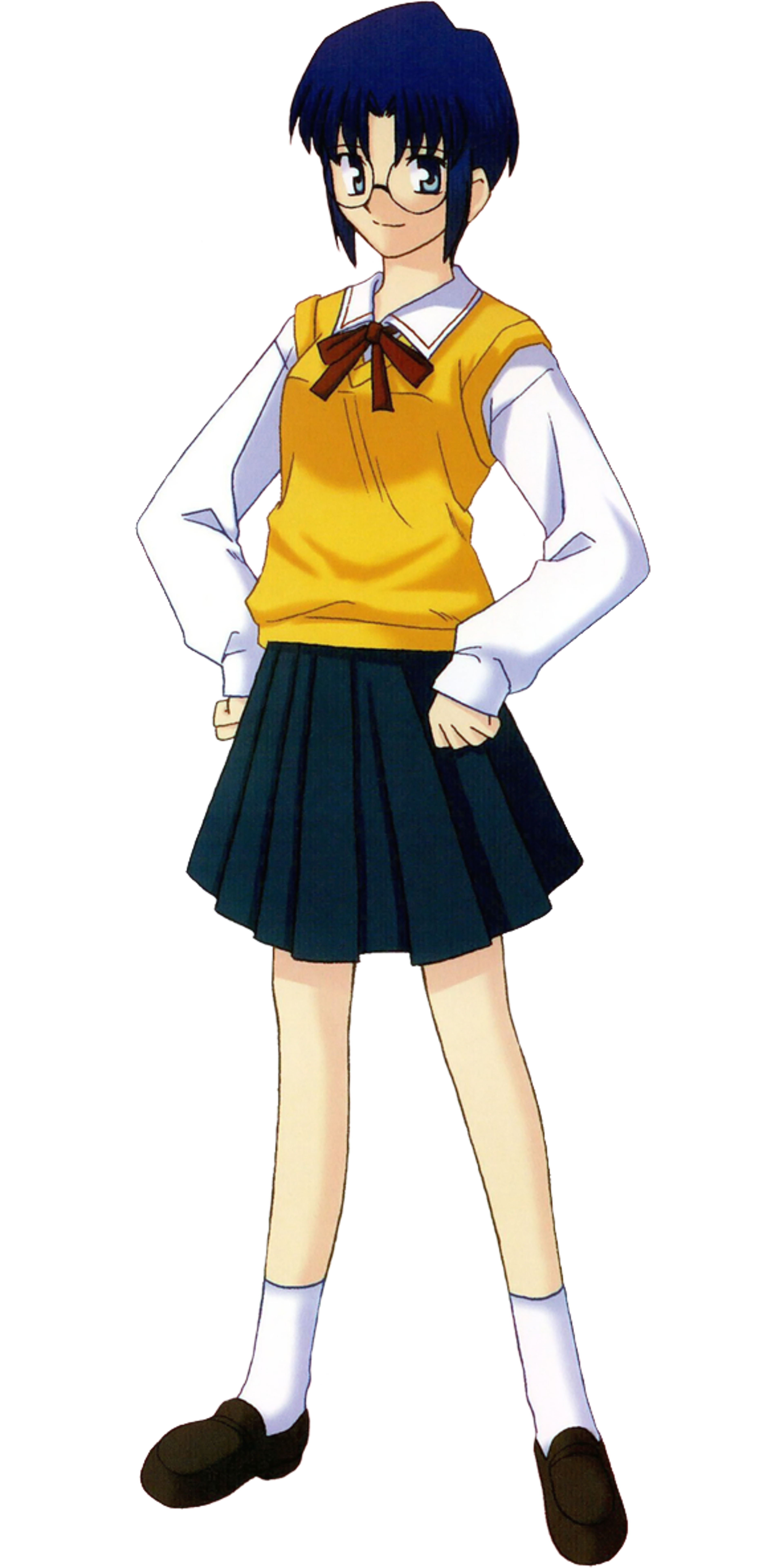 A young woman with blue hair and red eyes wearing a yellow sweater vest and black skirt.