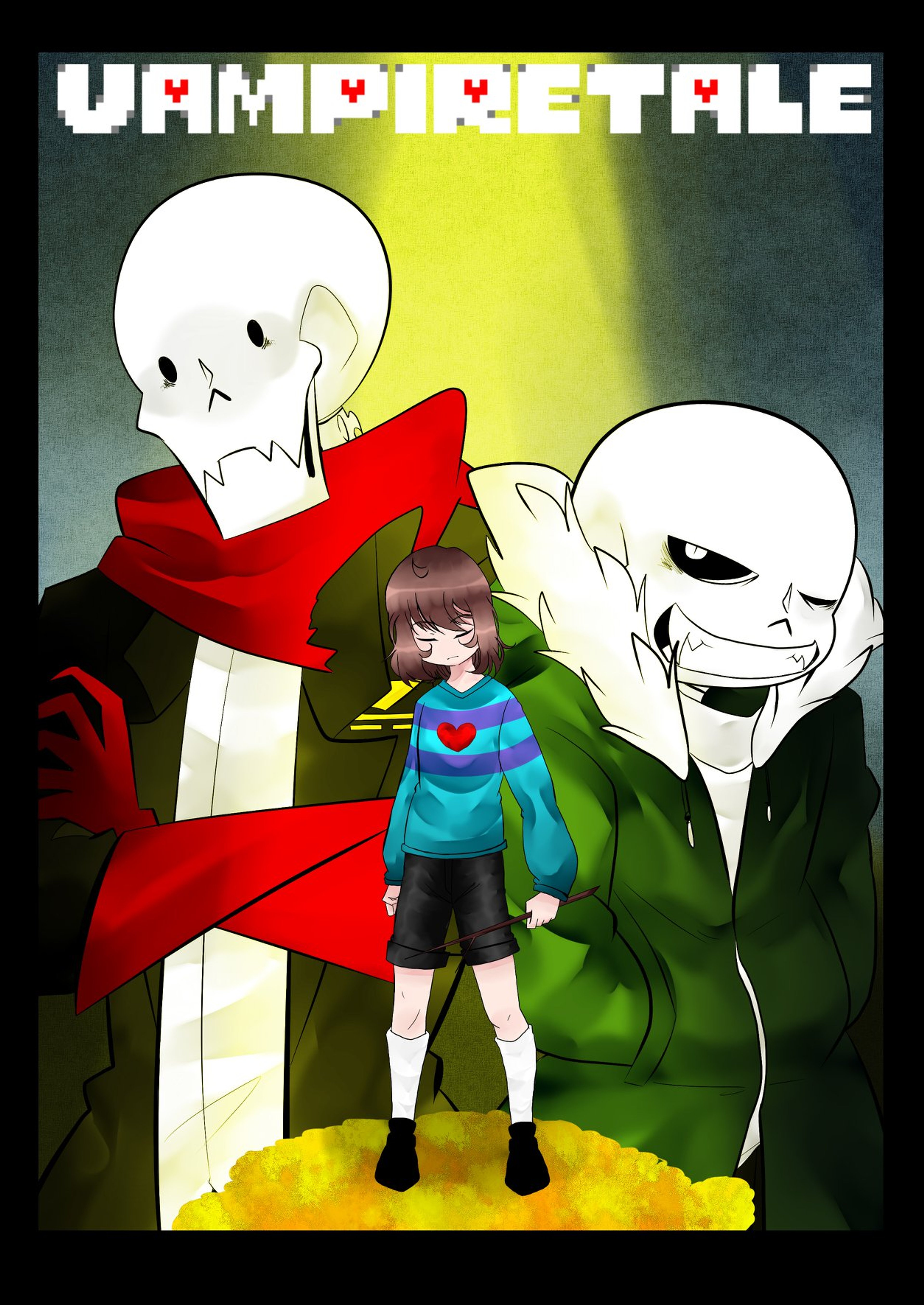 A young human child character standing in a dark, gothic environment with two large skeletal figures behind them.