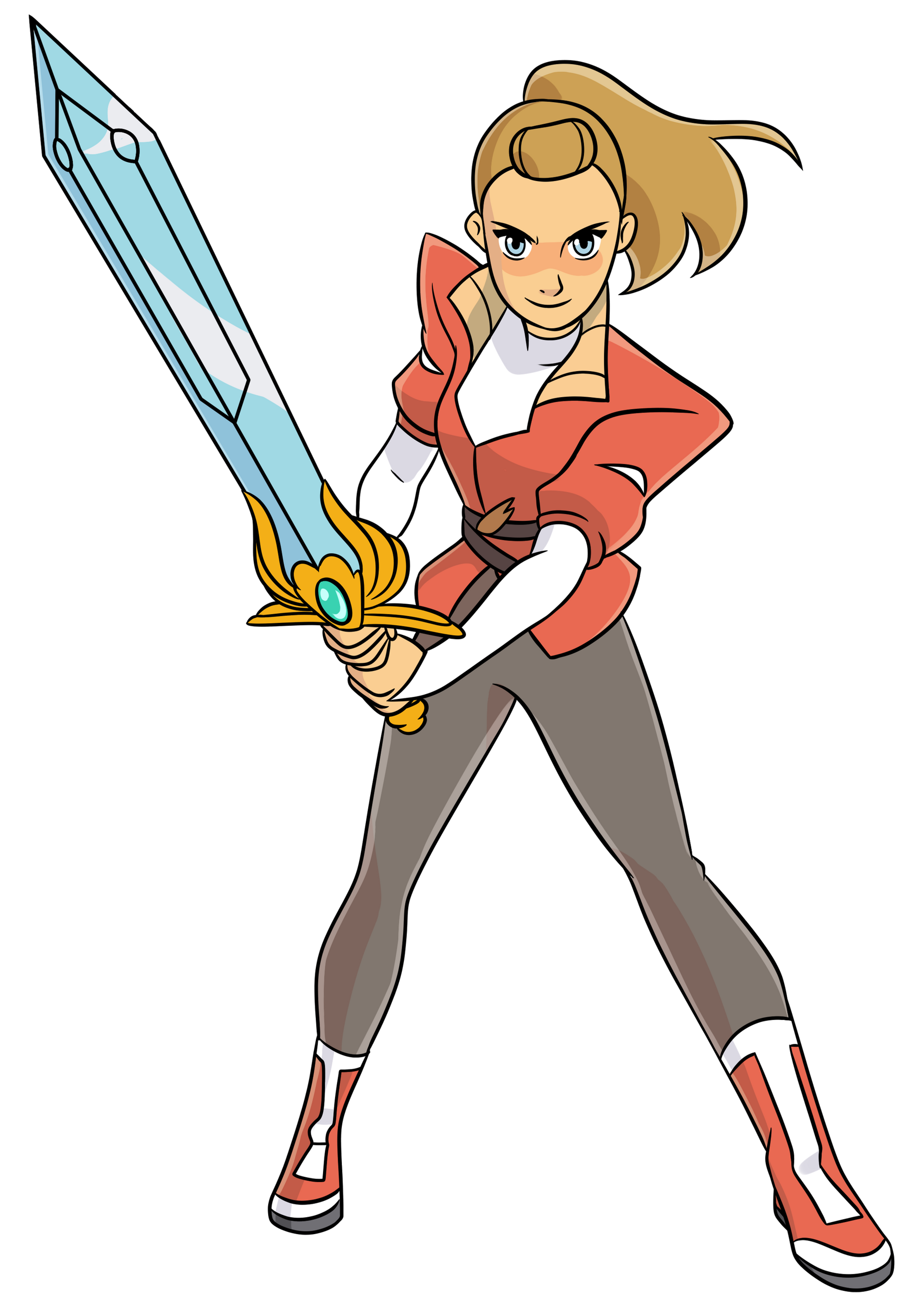 A young, blonde woman in a red jacket holding a large, ornate sword.