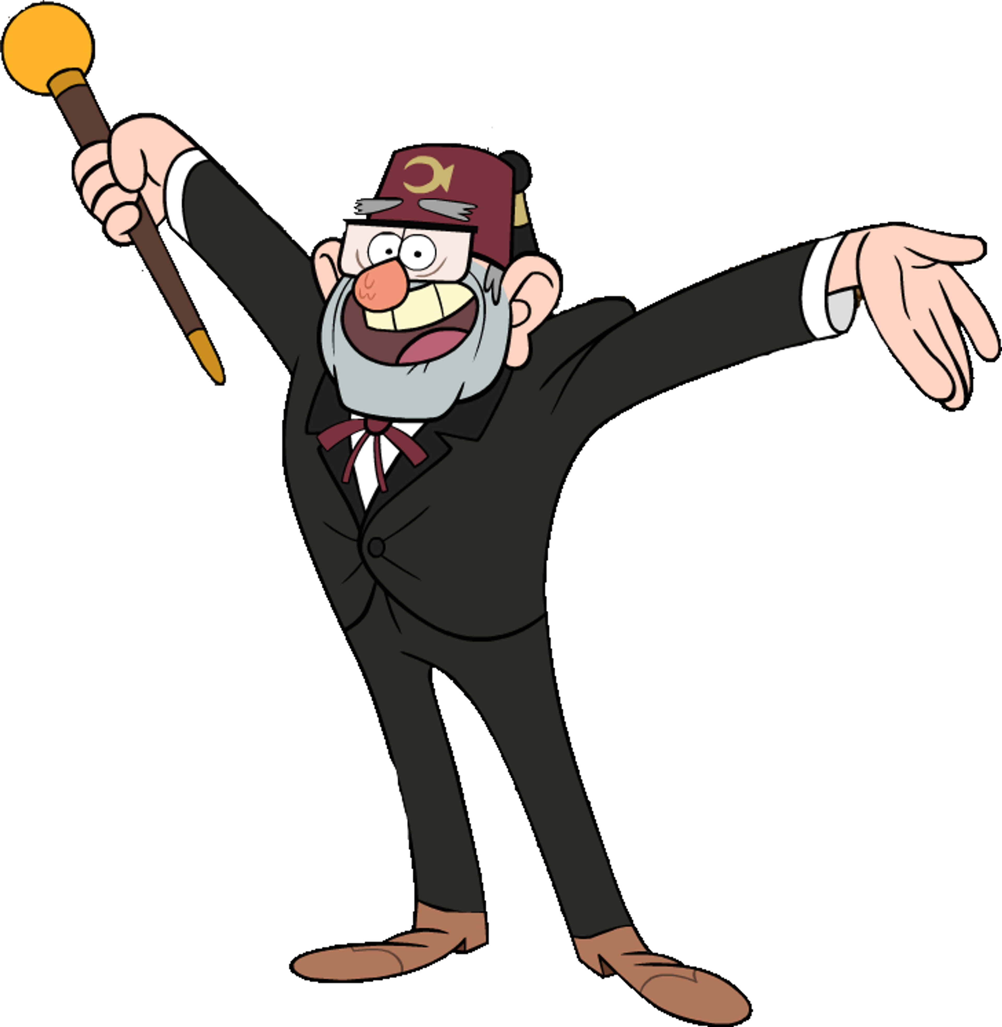 An animated character in a black suit and red fez hat making a dramatic gesture