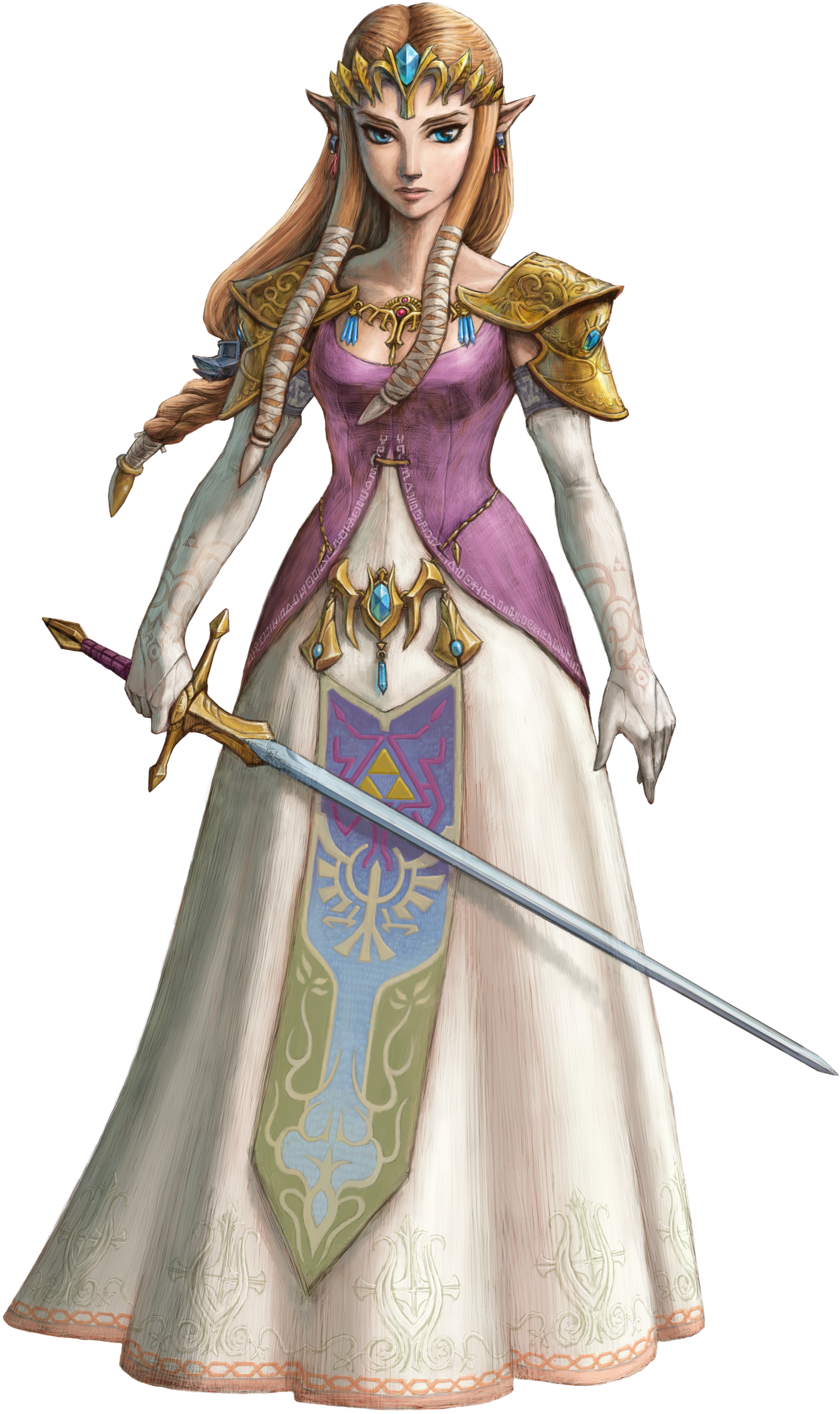 Princess Zelda from the Legend of Zelda series, wearing a pink and white dress and holding a sword.