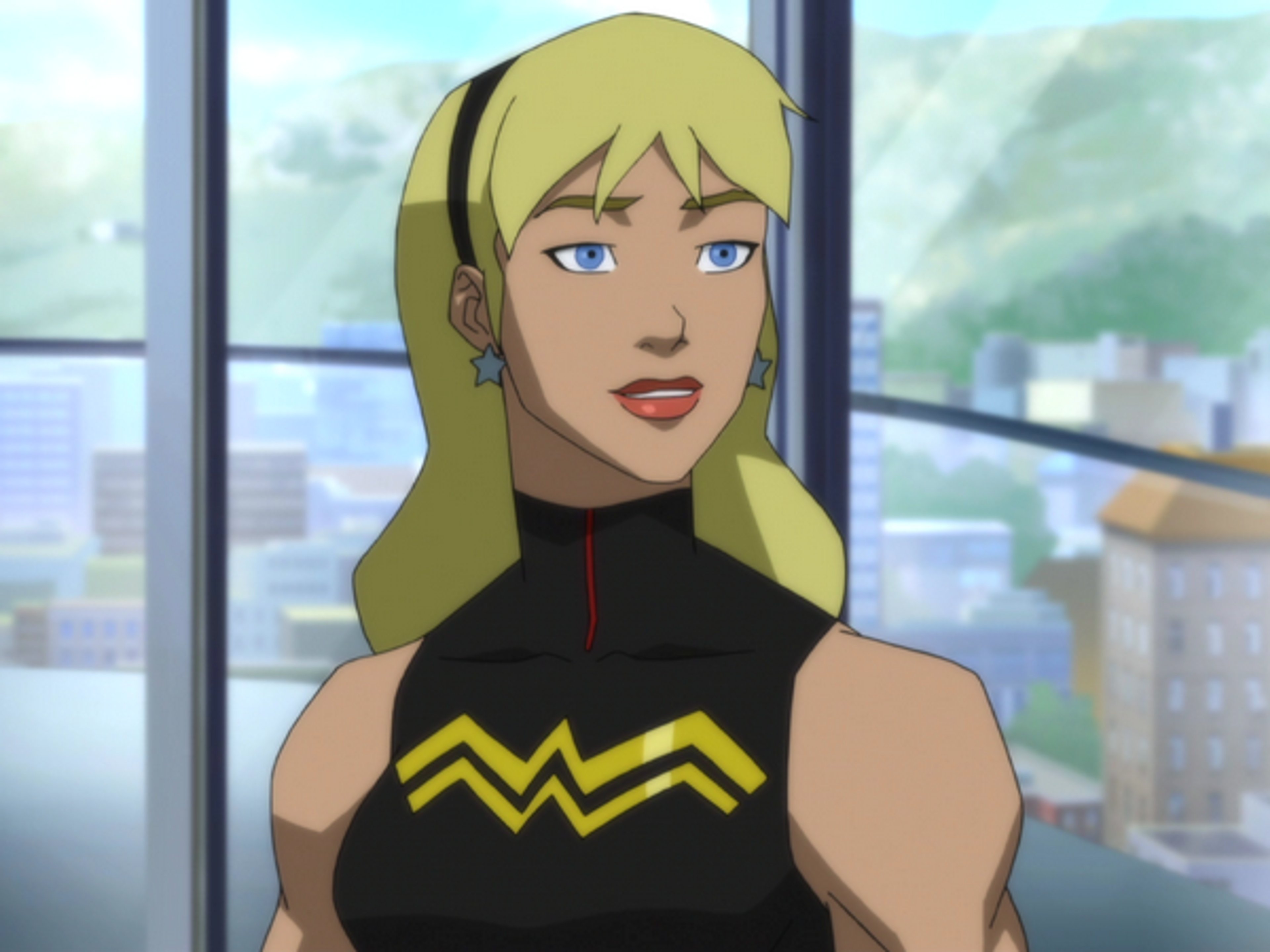 A young female superhero character known as Wonder Girl, with blonde hair and blue eyes wearing a black and yellow costume.