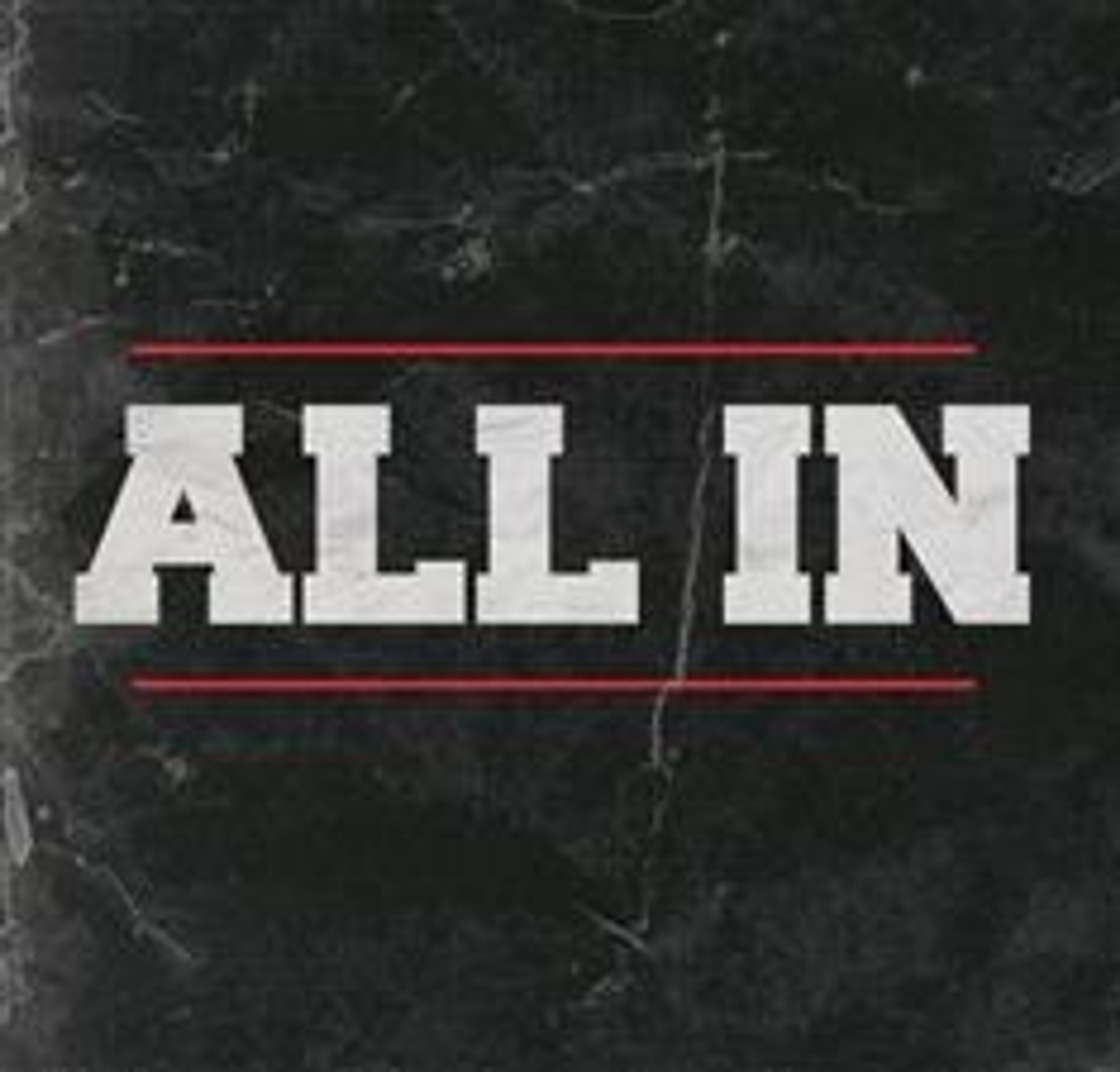 Text logo that says 'ALL IN' in large white letters with a red border