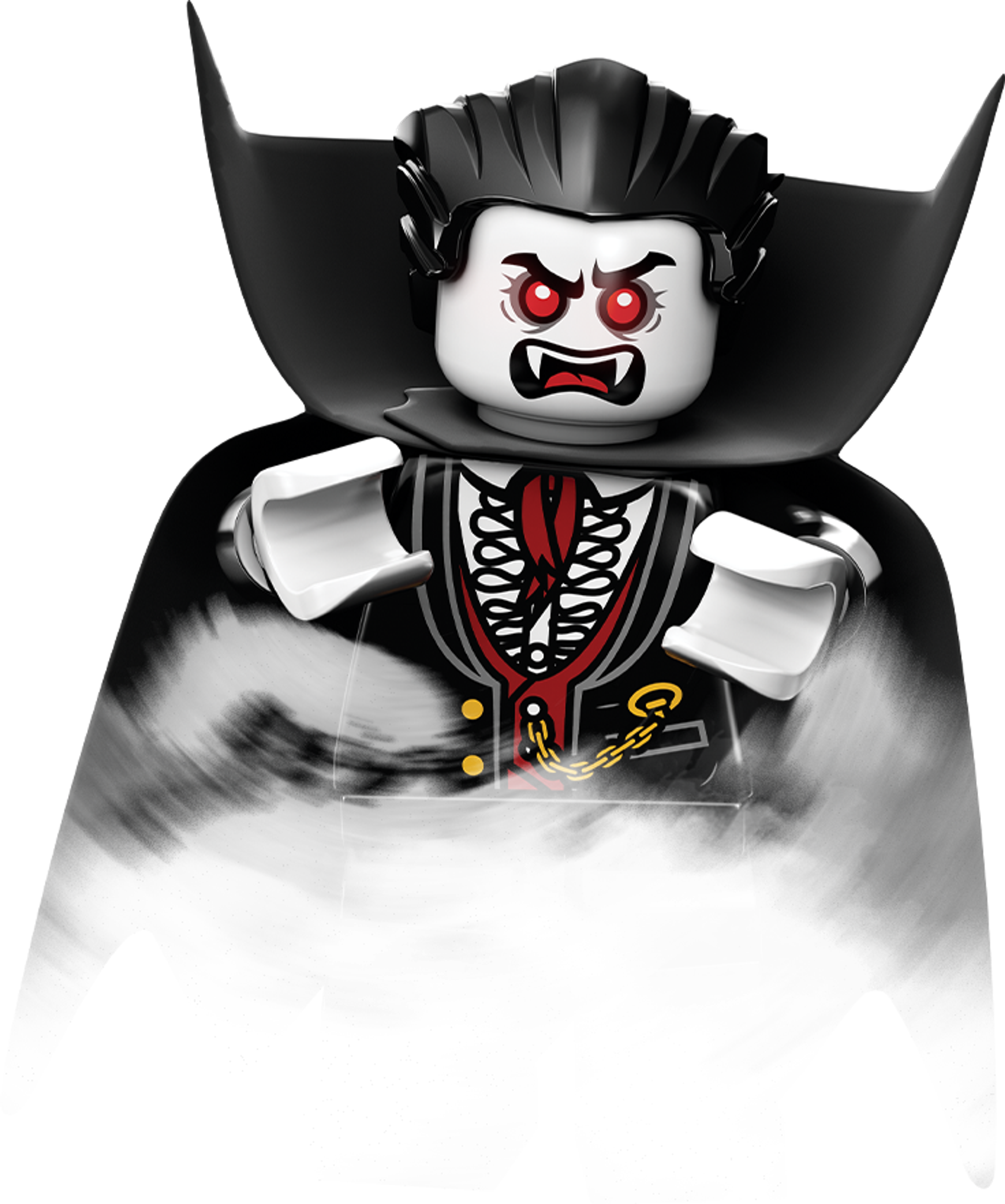 A Lego figure of a vampire character with pale skin, red eyes, fangs, and dark aristocratic clothing holding a sword.