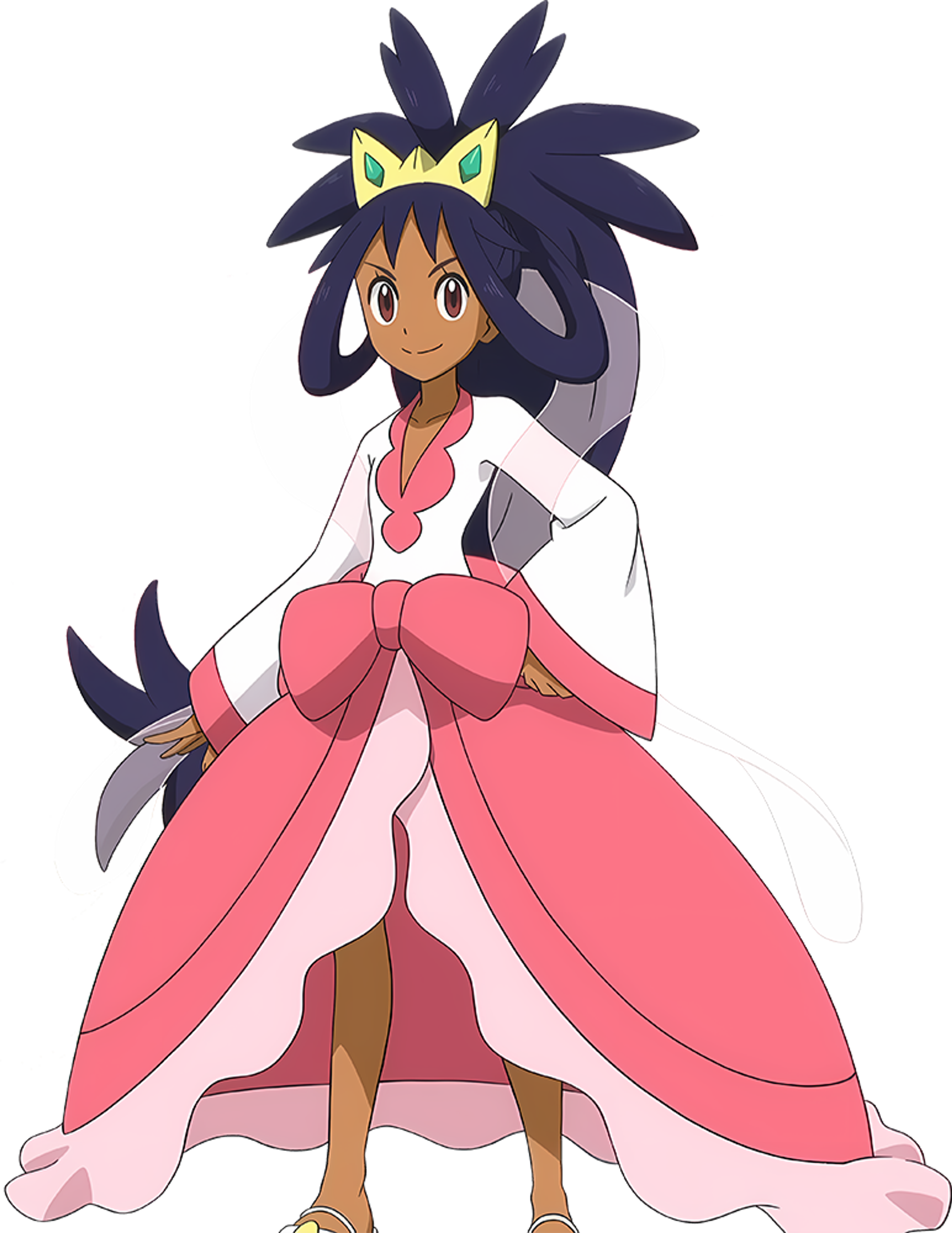 A young, energetic girl with pink hair wearing a pink dress and striking an adventurous pose.