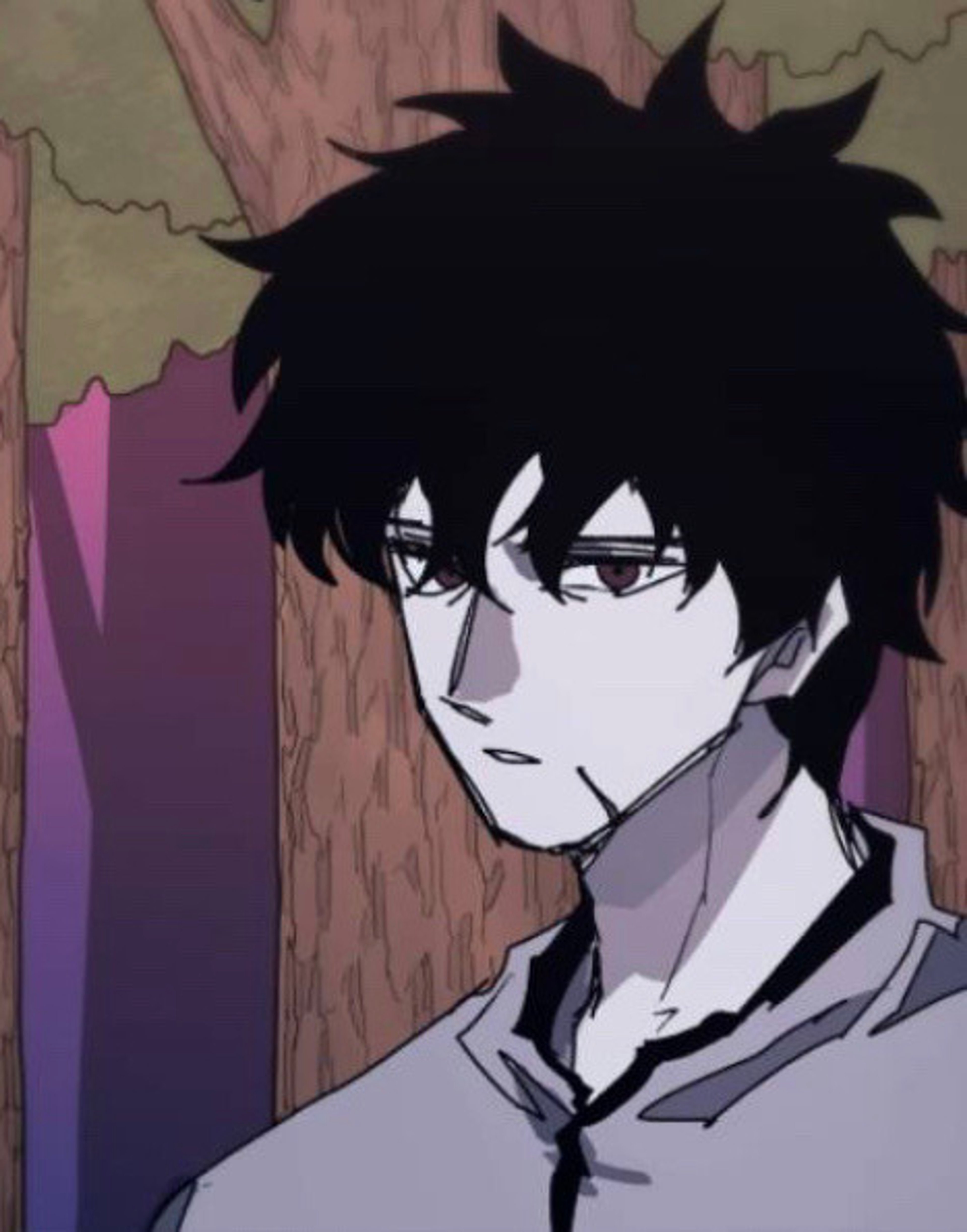 A young man with spiky black hair, dark purple eyes, and pale skin, wearing a gray shirt and black pants and carrying a sword.